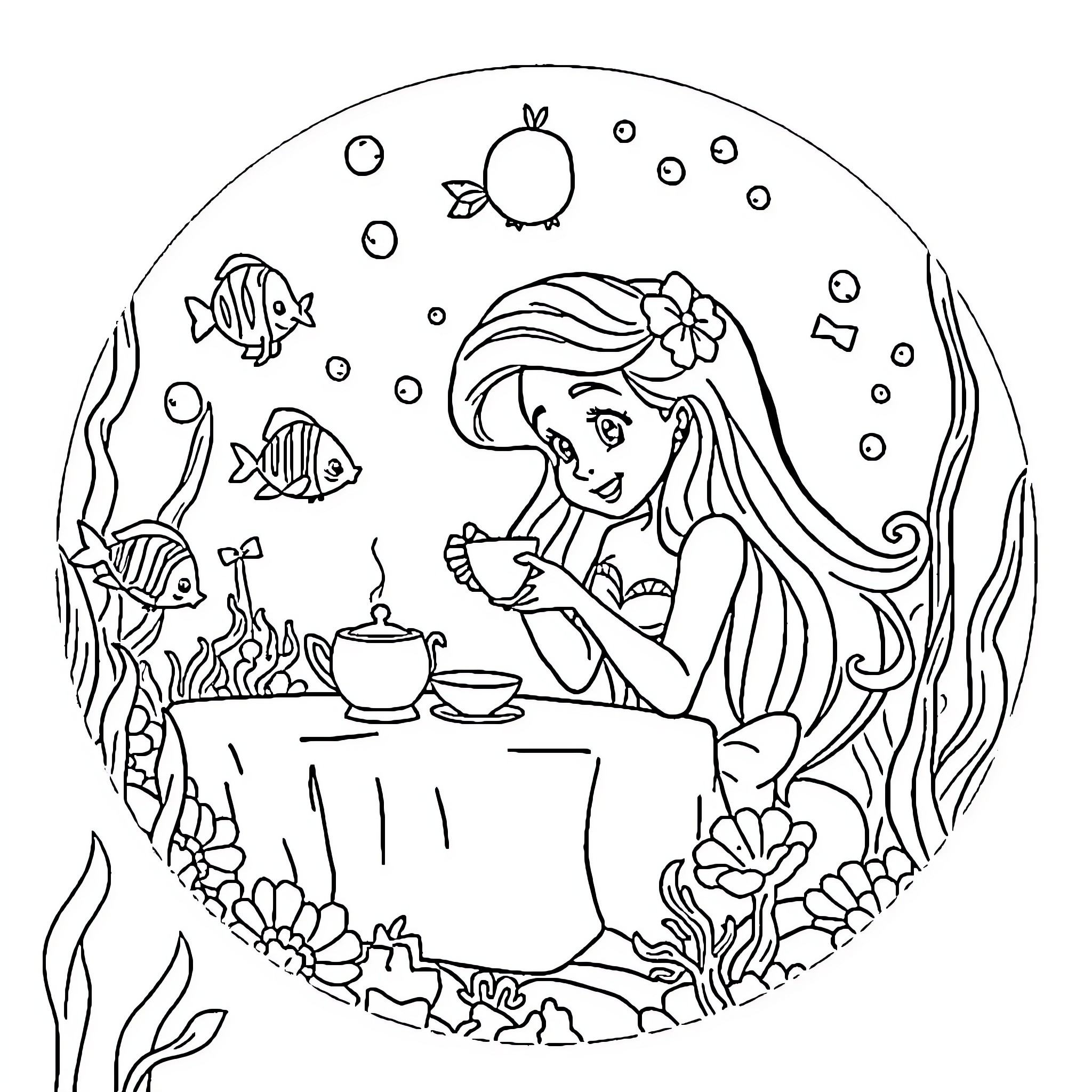 Ariel enjoying tea party underwater with marine life Coloring Page (free black-and-white line drawing printable PDF for all, from beginners to advanced learners, including children, teens, adults, and seniors)