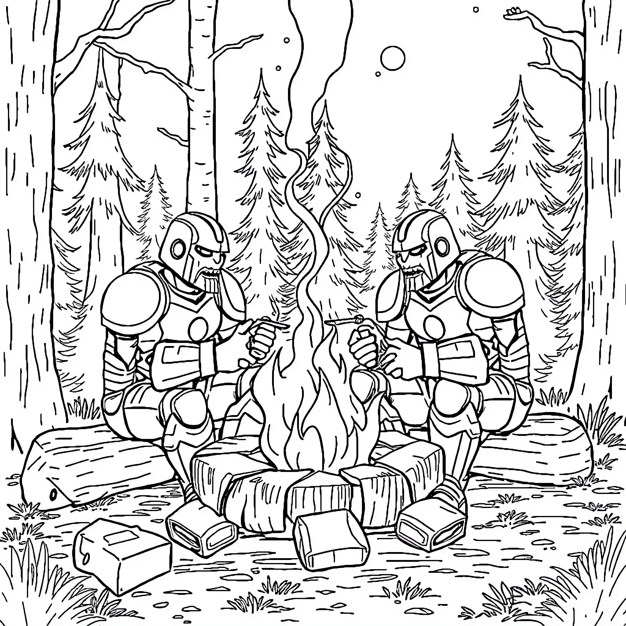 Iron Man Robots Warming by Campfire in Snowy Forest Coloring Page (free black-and-white line drawing printable PDF for all, from beginners to advanced learners, including children, teens, adults, and seniors)