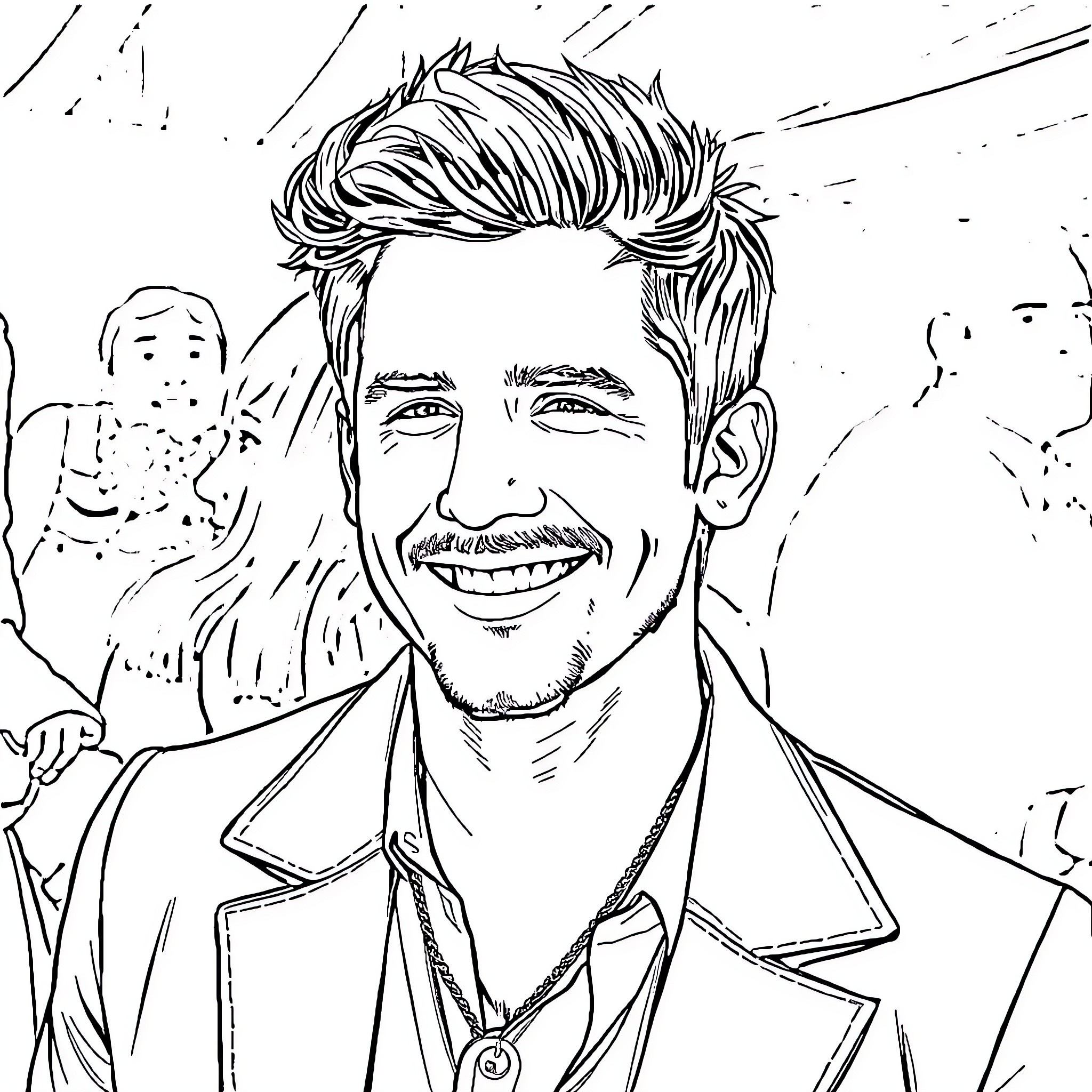 Pedro Pascal in a cheerful and friendly pose Coloring Page (free black-and-white line drawing printable PDF for all, from beginners to advanced learners, including children, teens, adults, and seniors)