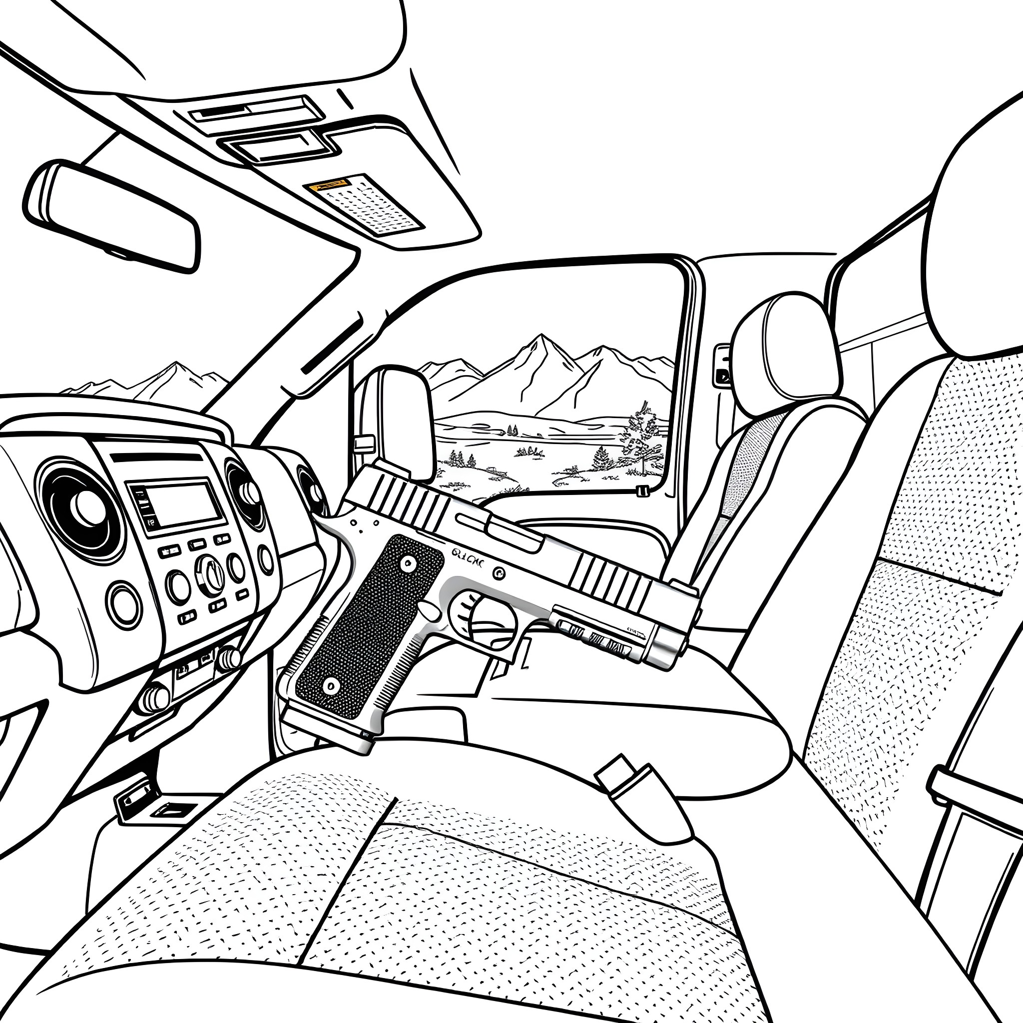 Glock Drawn in Intricate Interior of Armored Vehicle Coloring Page (free black-and-white line drawing printable PDF for all, from beginners to advanced learners, including children, teens, adults, and seniors)
