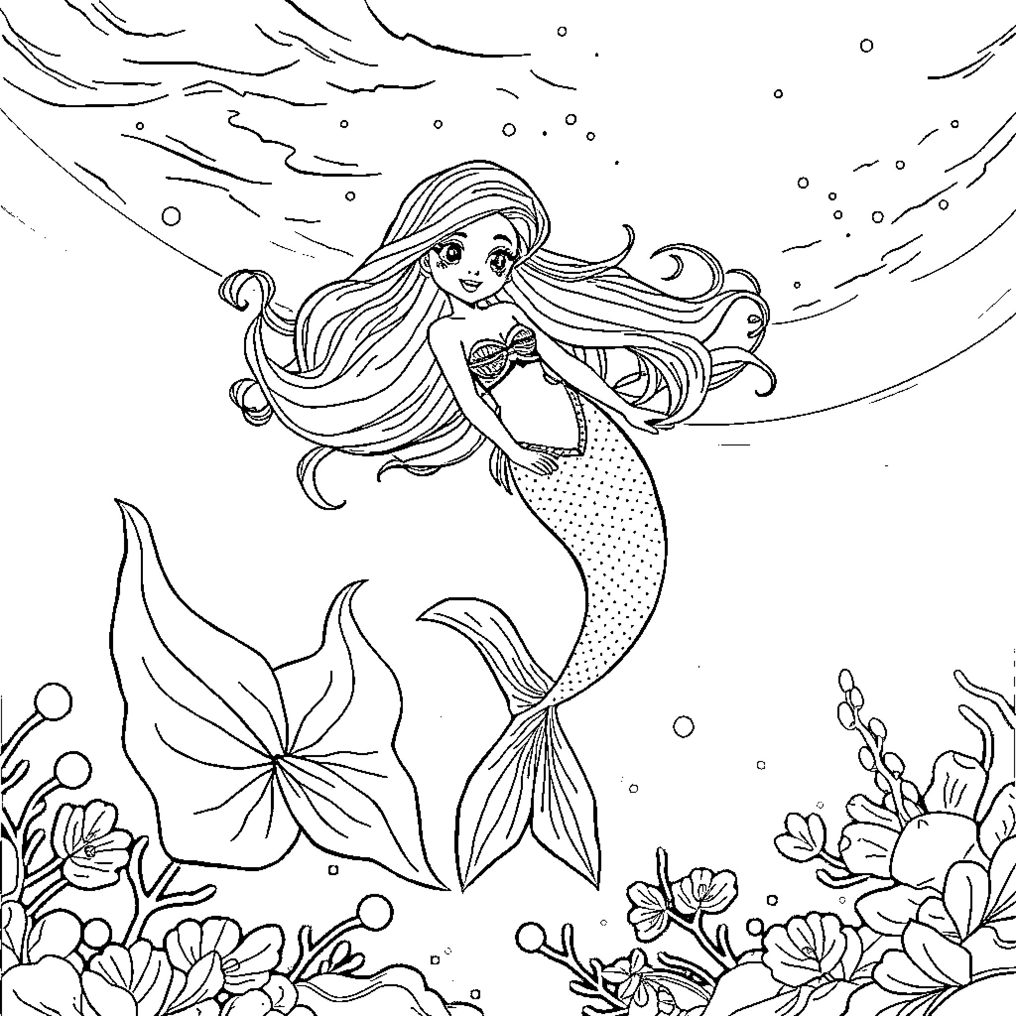 Siren's Enchanting Underwater Realm Coloring Page (free black-and-white line drawing printable PDF for all, from beginners to advanced learners, including children, teens, adults, and seniors)