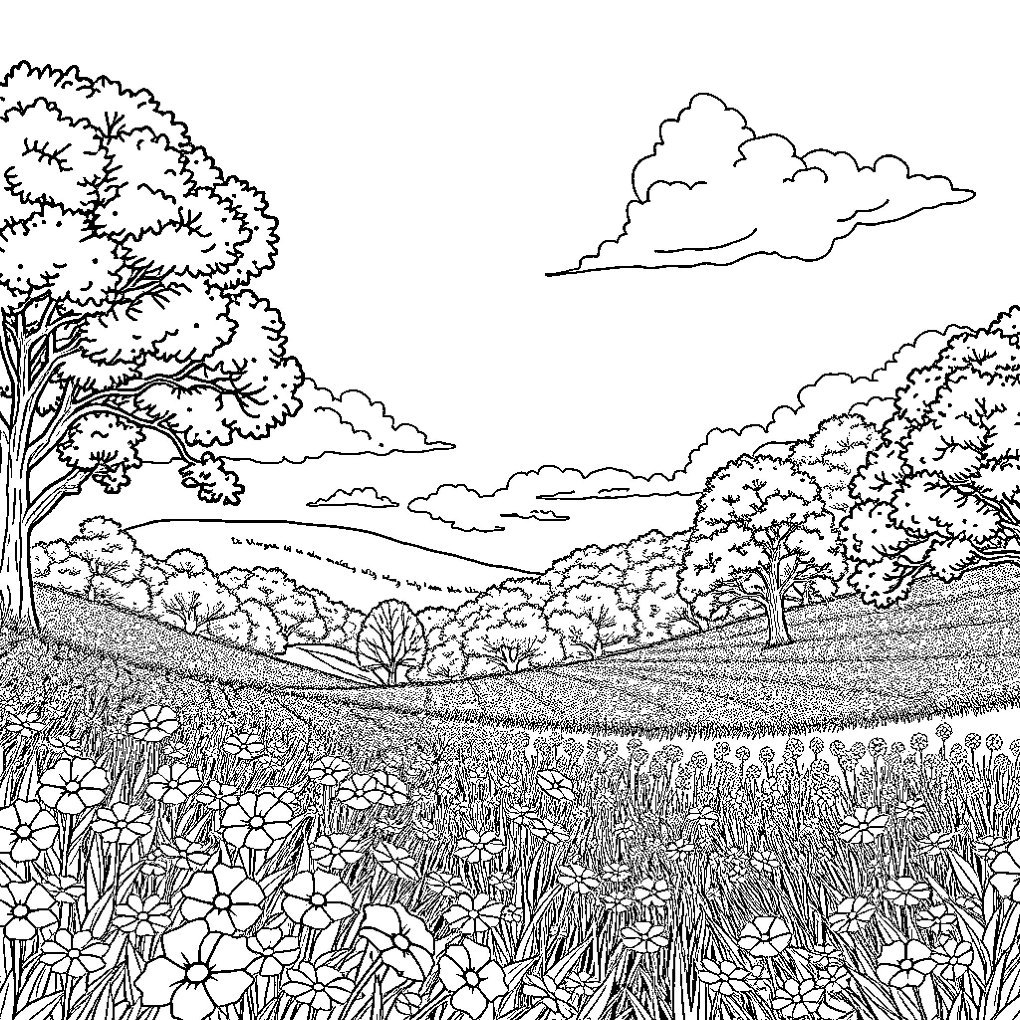 Field of Vibrant Flowers and Serene Landscape Coloring Page (free black-and-white line drawing printable PDF for all, from beginners to advanced learners, including children, teens, adults, and seniors)