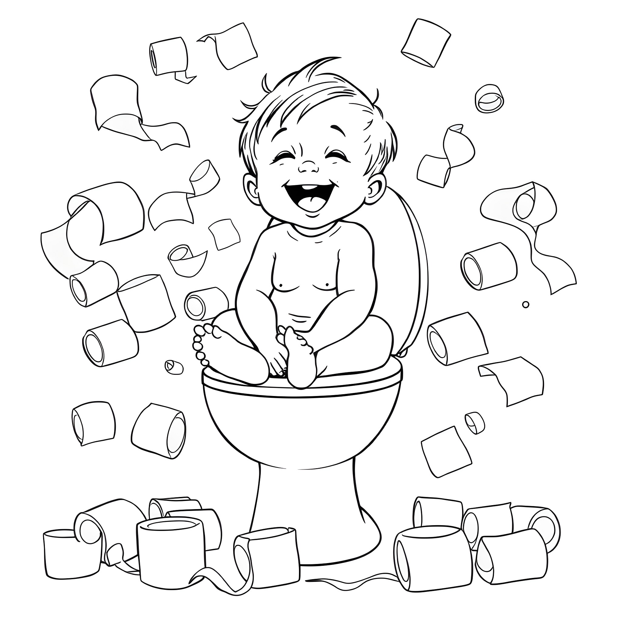 Toddler happily playing with toilet paper Coloring Page (free black-and-white line drawing printable PDF for all, from beginners to advanced learners, including children, teens, adults, and seniors)
