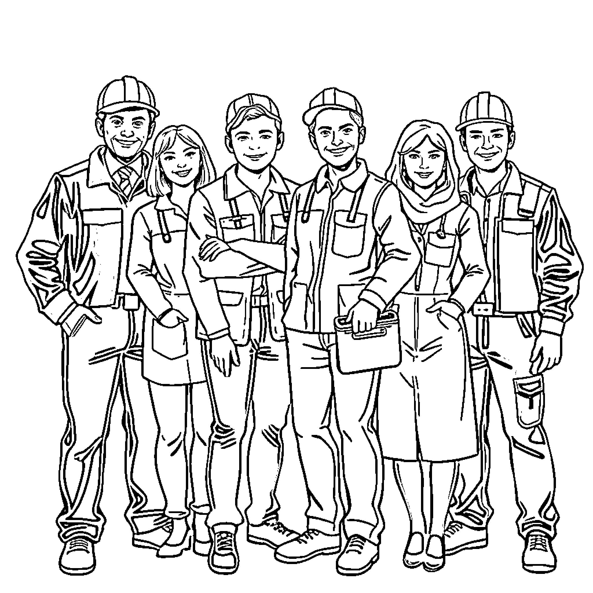 Profession of Construction Workers Coloring Page (free black-and-white line drawing printable PDF for all, from beginners to advanced learners, including children, teens, adults, and seniors)