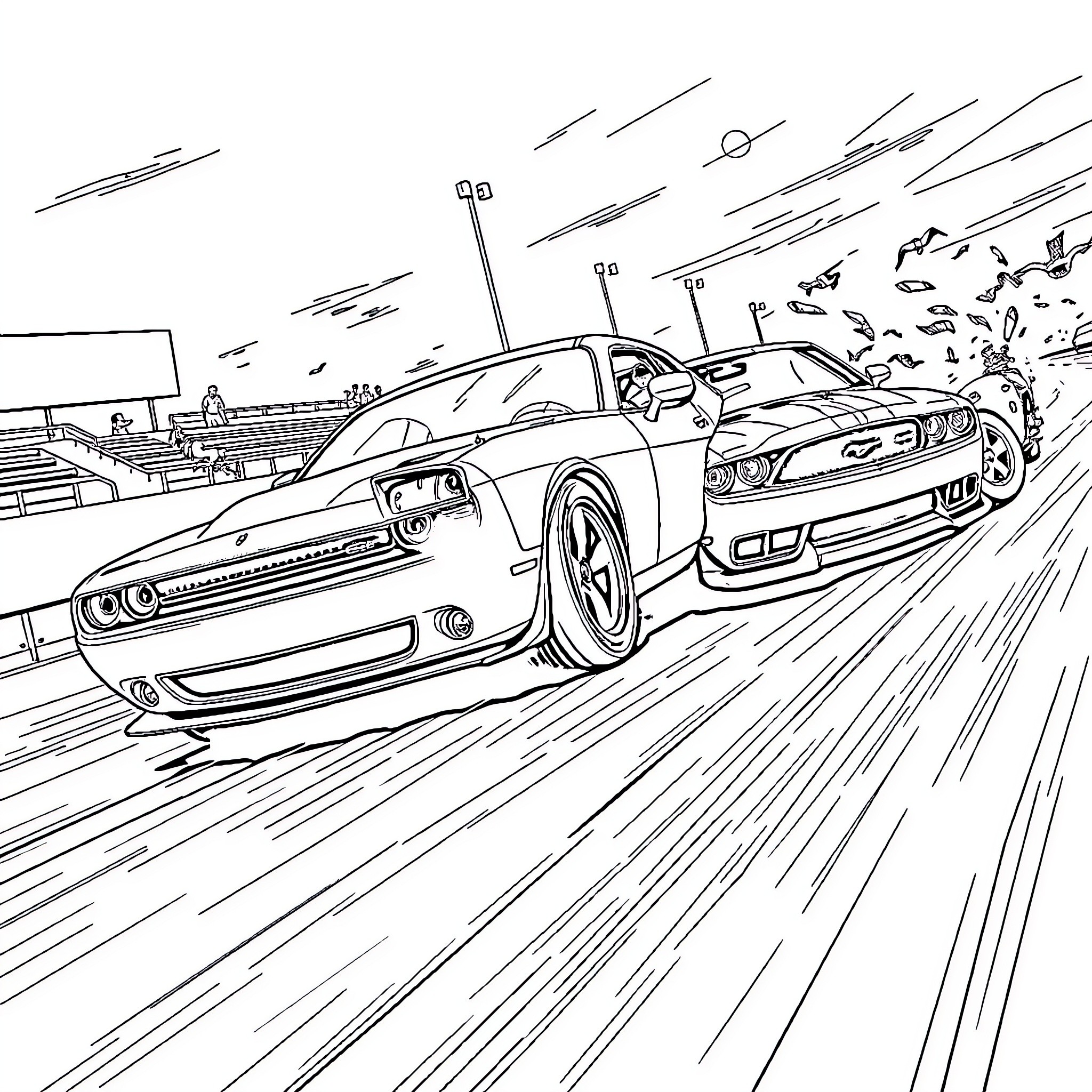 Dodge Challenger racing at high speed on the track Coloring Page (free black-and-white line drawing printable PDF for all, from beginners to advanced learners, including children, teens, adults, and seniors)
