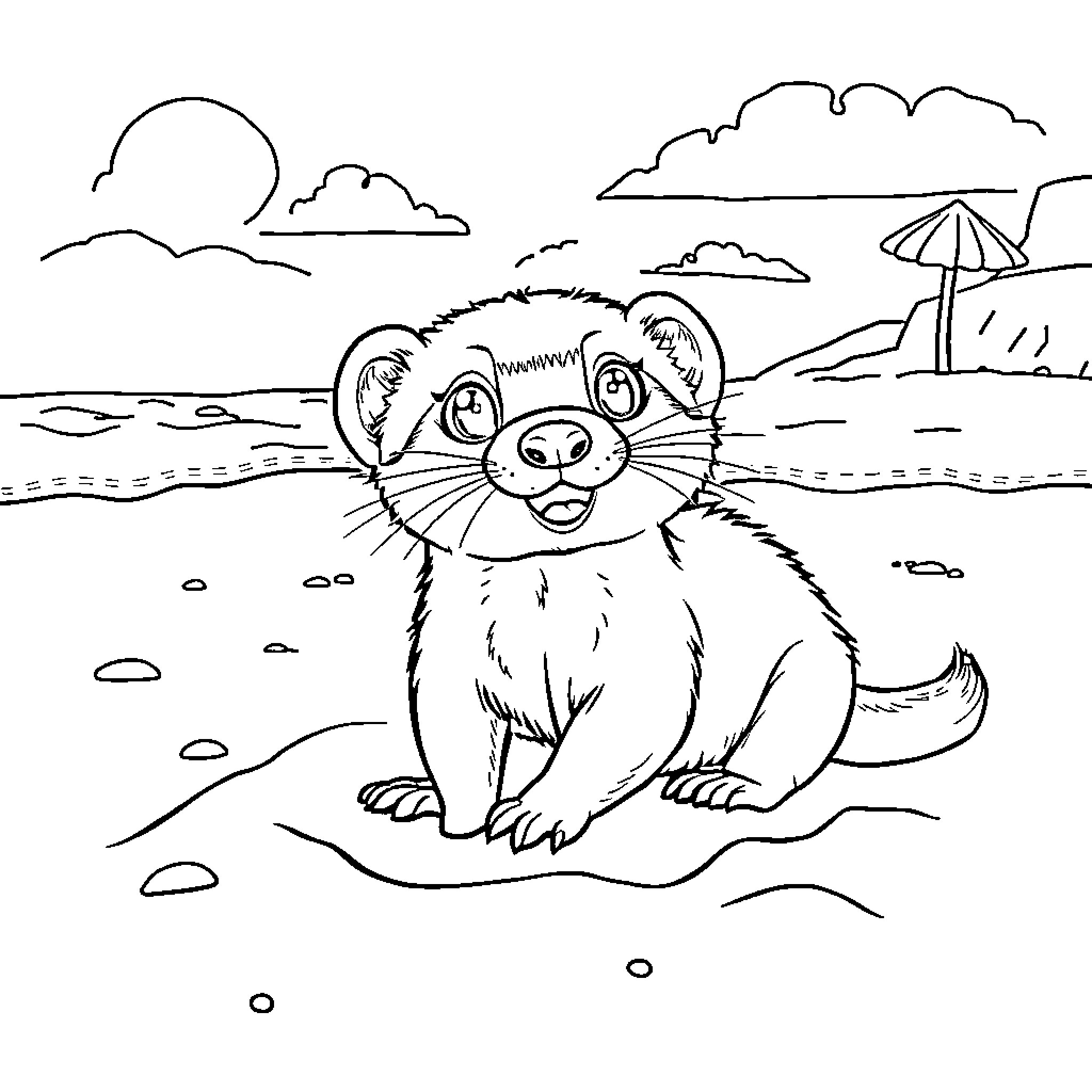 Ferret enjoying a sunny day at the beach Coloring Page (free black-and-white line drawing printable PDF for all, from beginners to advanced learners, including children, teens, adults, and seniors)