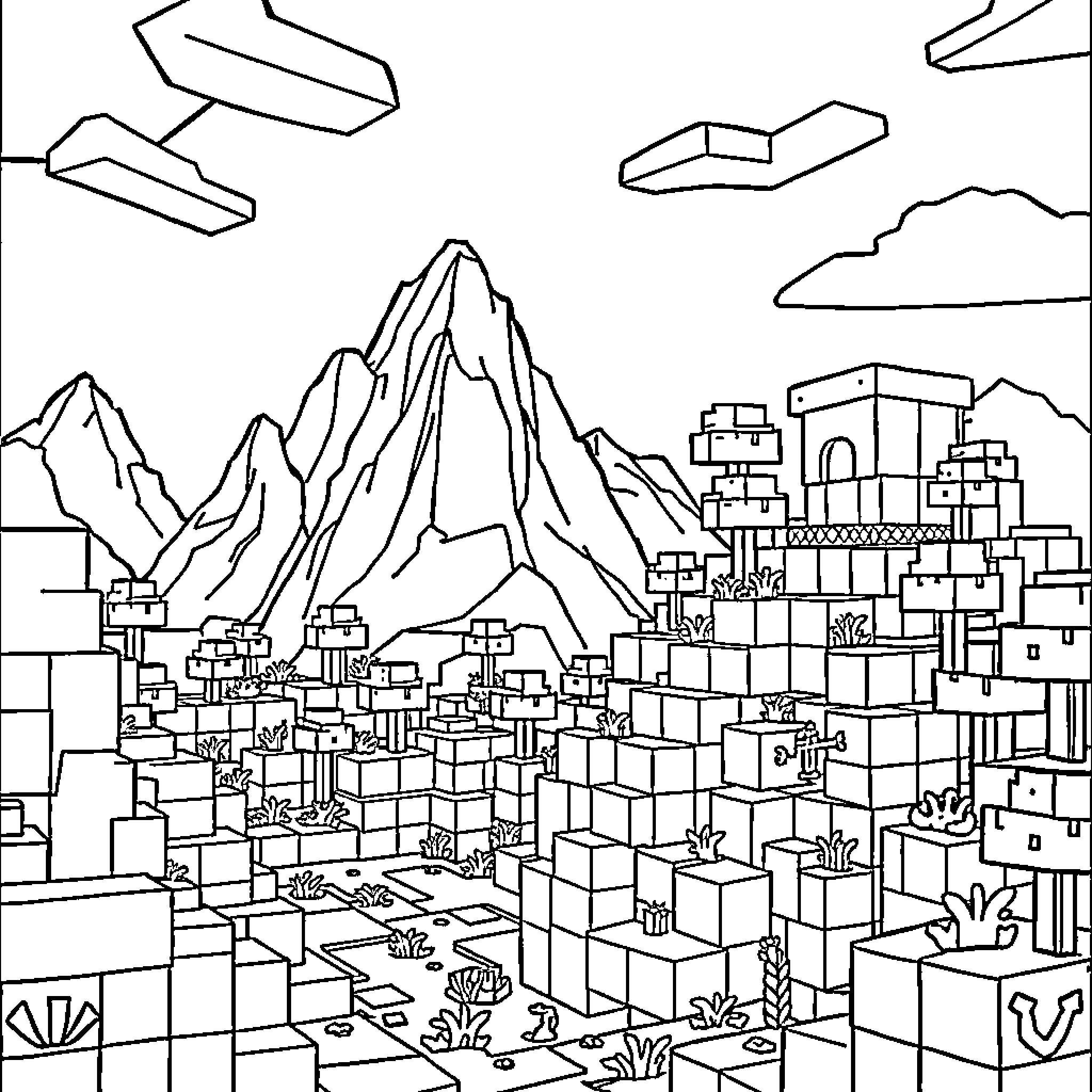 Minecraft Mountainous Landscape with Village Coloring Page (free black-and-white line drawing printable PDF for all, from beginners to advanced learners, including children, teens, adults, and seniors)