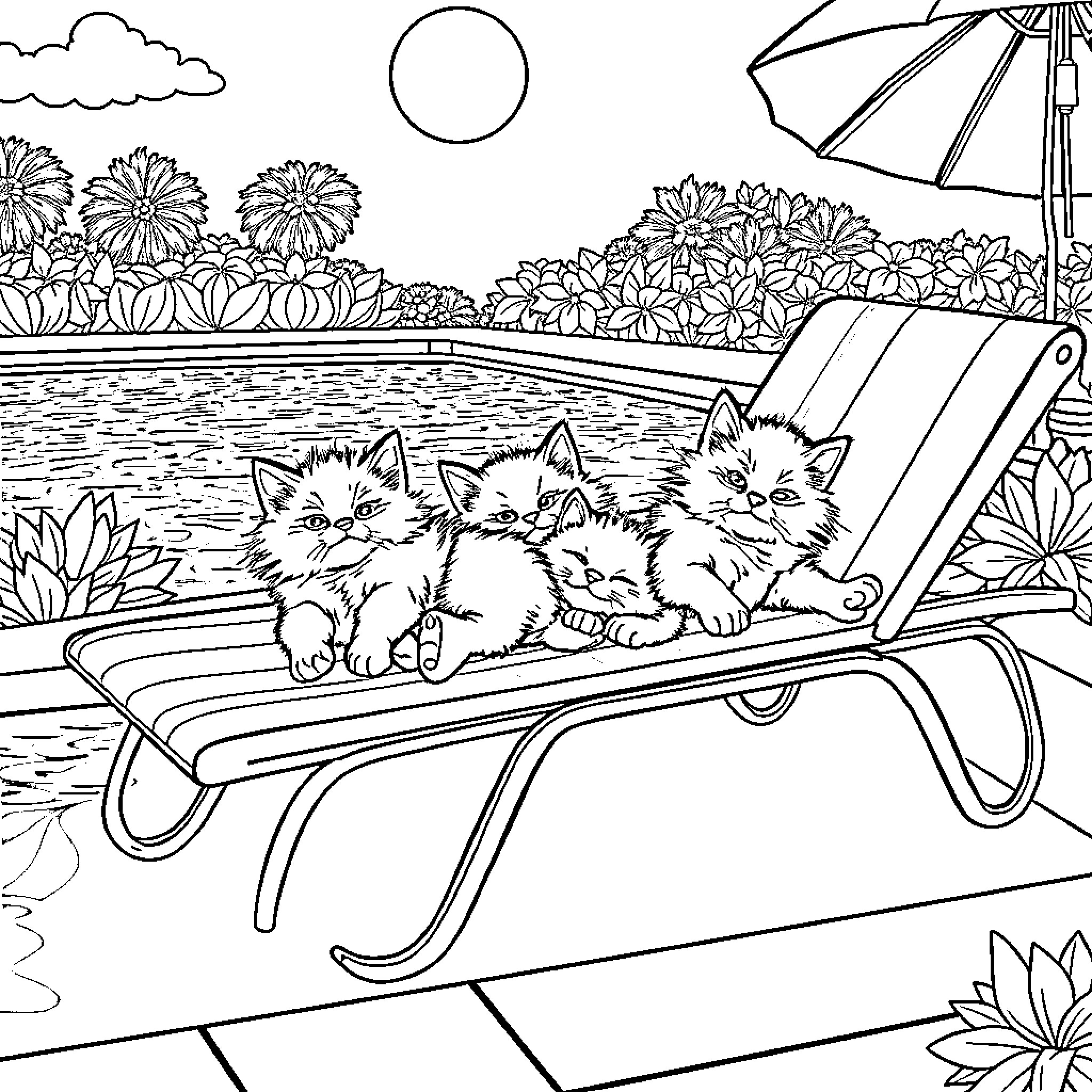 Kitten Kittens Relaxing on Poolside Lounger Coloring Page (free black-and-white line drawing printable PDF for all, from beginners to advanced learners, including children, teens, adults, and seniors)