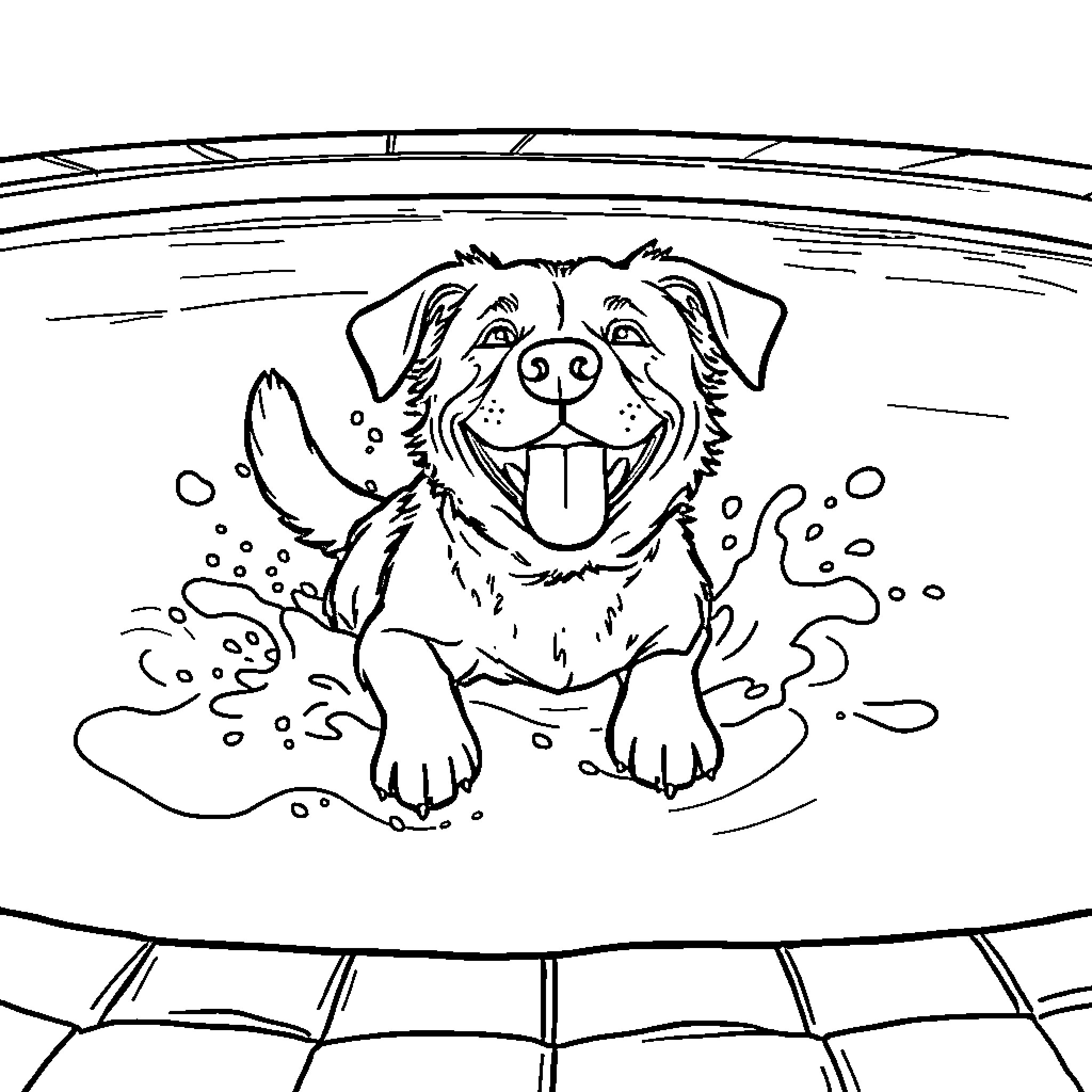 Dog enjoying a fun bath time Coloring Page (free black-and-white line drawing printable PDF for all, from beginners to advanced learners, including children, teens, adults, and seniors)