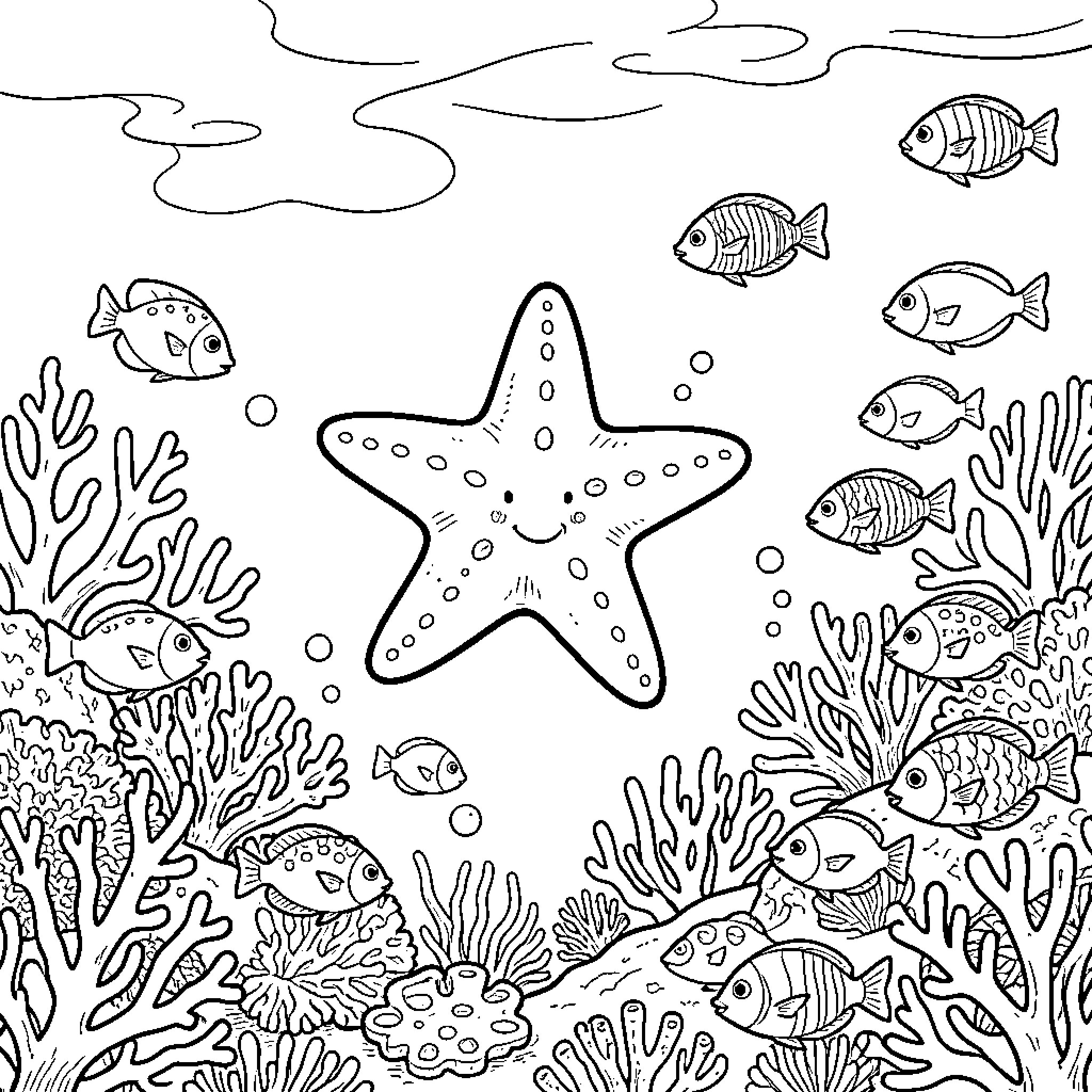 Starfish and its aquatic companions in the ocean Coloring Page (free black-and-white line drawing printable PDF for all, from beginners to advanced learners, including children, teens, adults, and seniors)