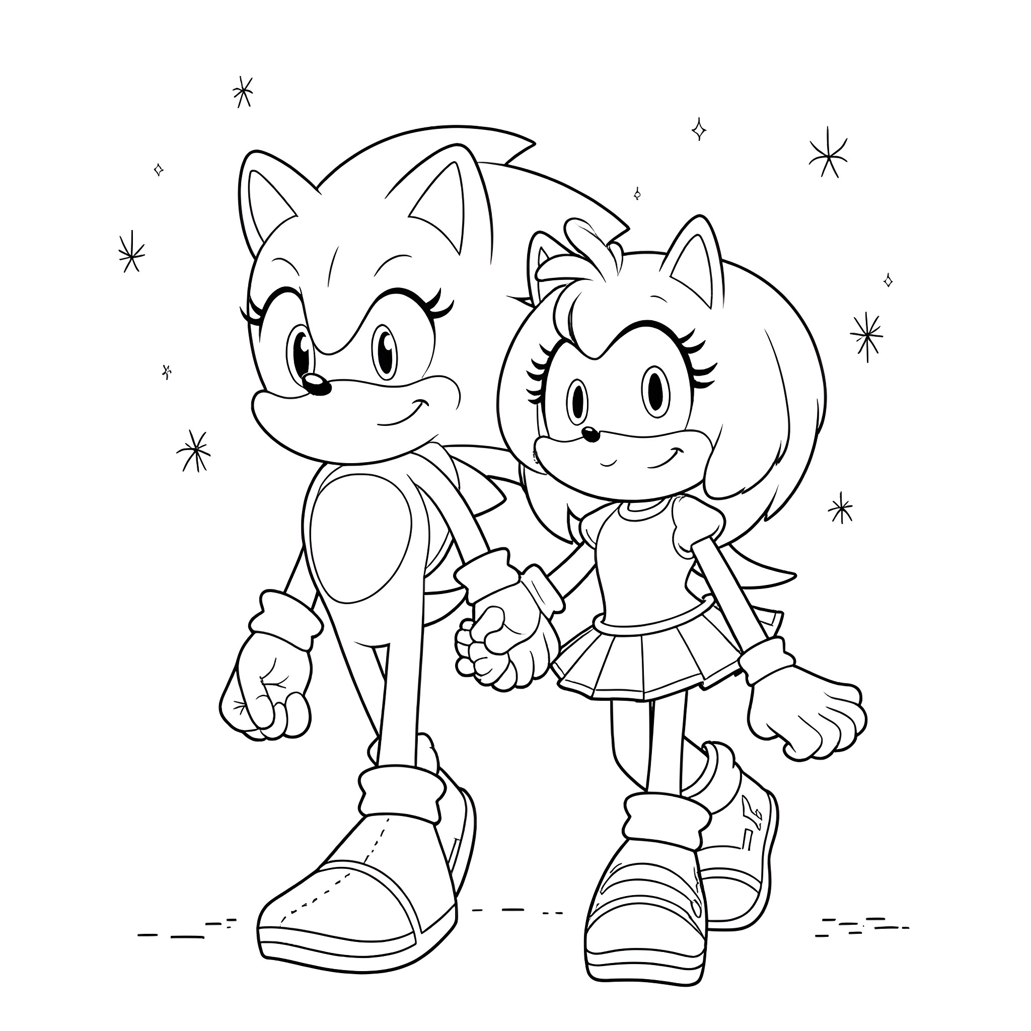 Sonic and Amy Rose standing together happily Coloring Page (free black-and-white line drawing printable PDF for all, from beginners to advanced learners, including children, teens, adults, and seniors)