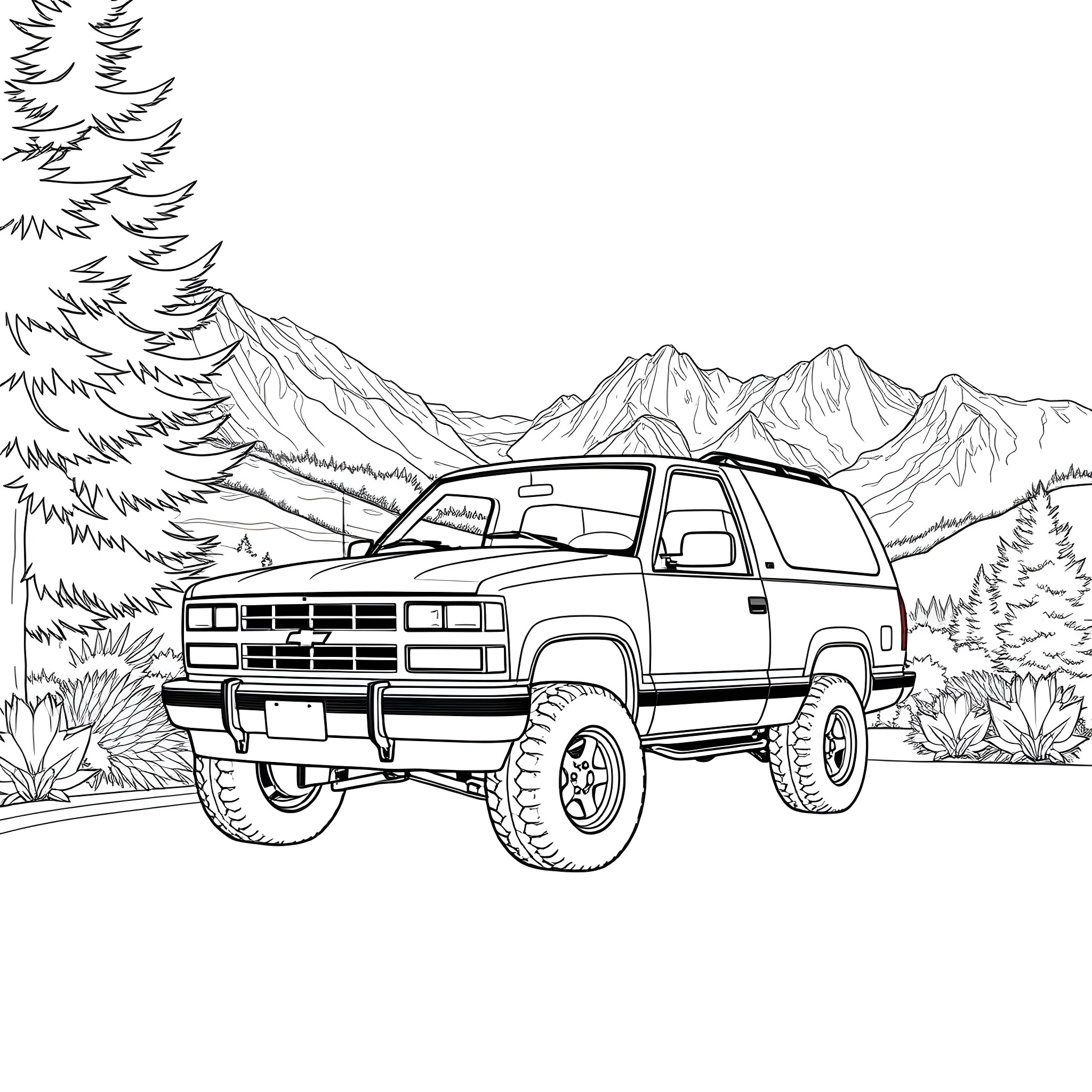 Chevy Blazer off-roading in rugged mountain terrain Coloring Page (free black-and-white line drawing printable PDF for all, from beginners to advanced learners, including children, teens, adults, and seniors)