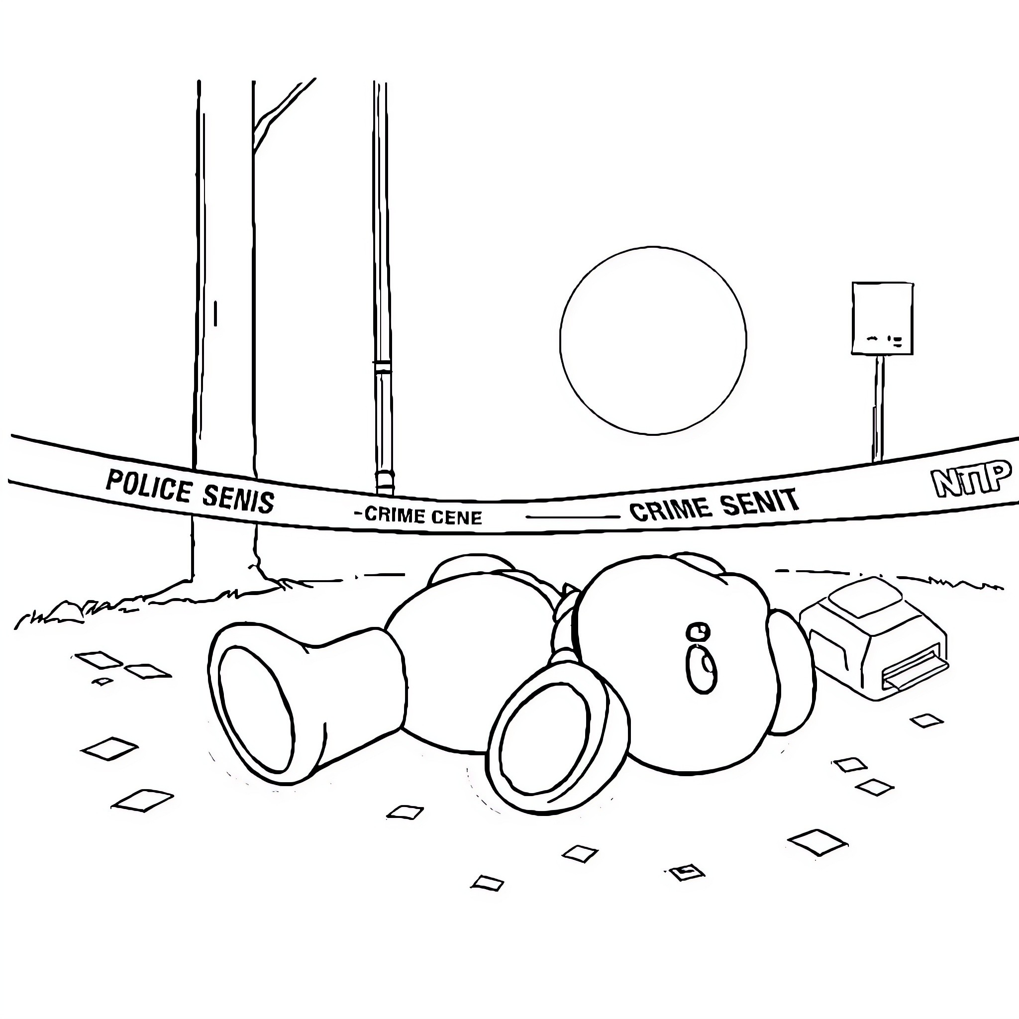 Teddy bears and police equipment at crime scene Coloring Page (free black-and-white line drawing printable PDF for all, from beginners to advanced learners, including children, teens, adults, and seniors)