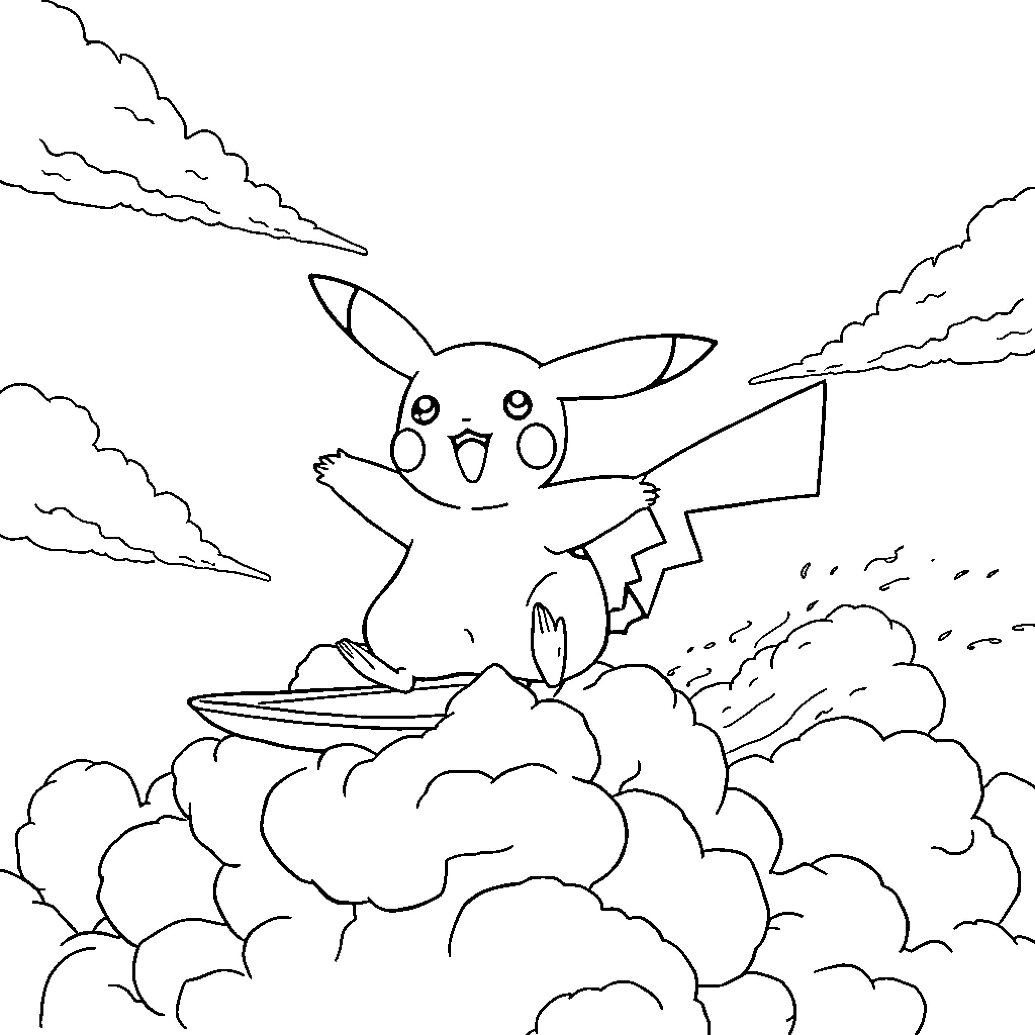 Pikachu exploring among the clouds Coloring Page (free black-and-white line drawing printable PDF for all, from beginners to advanced learners, including children, teens, adults, and seniors)