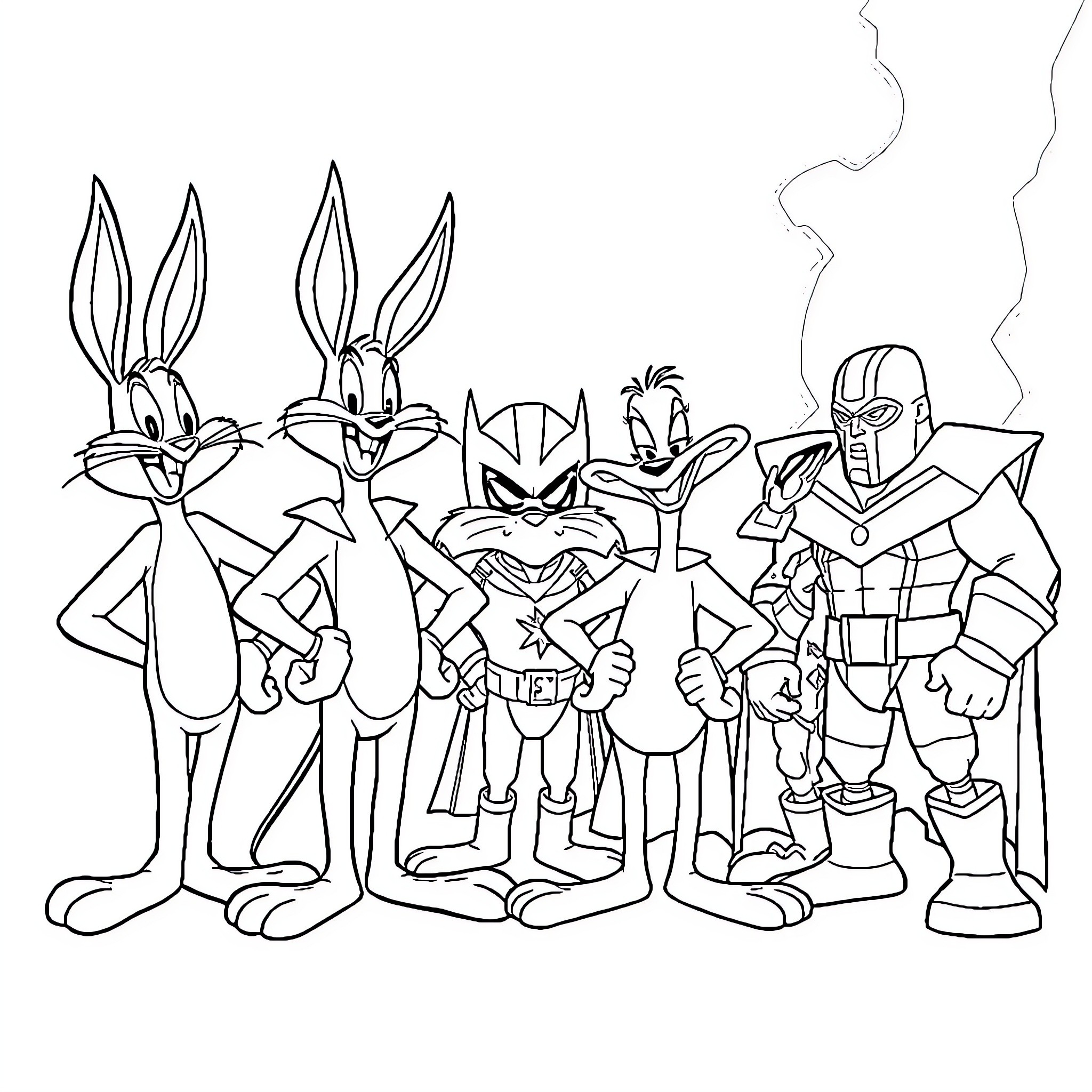 Looney Tunes characters in iconic poses Coloring Page (free black-and-white line drawing printable PDF for all, from beginners to advanced learners, including children, teens, adults, and seniors)