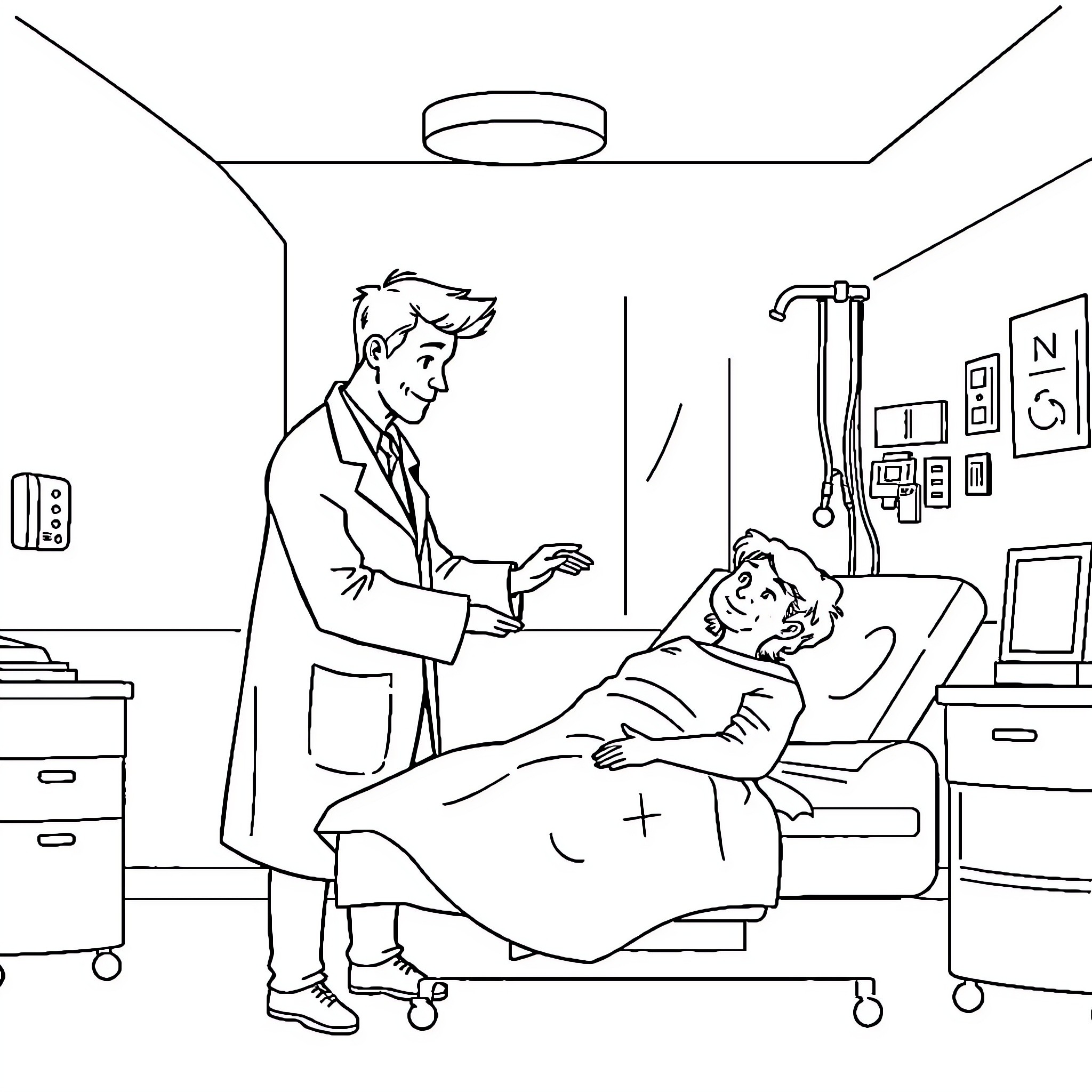 Doctor examining patient in medical setting Coloring Page (free black-and-white line drawing printable PDF for all, from beginners to advanced learners, including children, teens, adults, and seniors)