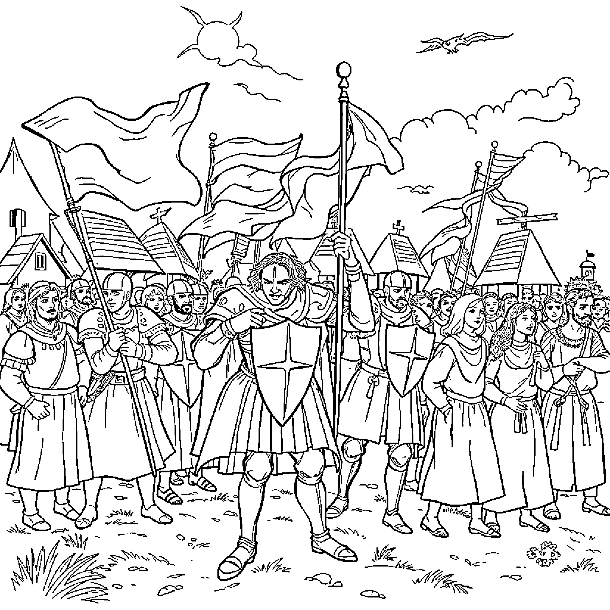 Medieval Crowd Marching with Flags and Weapons Coloring Page (free black-and-white line drawing printable PDF for all, from beginners to advanced learners, including children, teens, adults, and seniors)