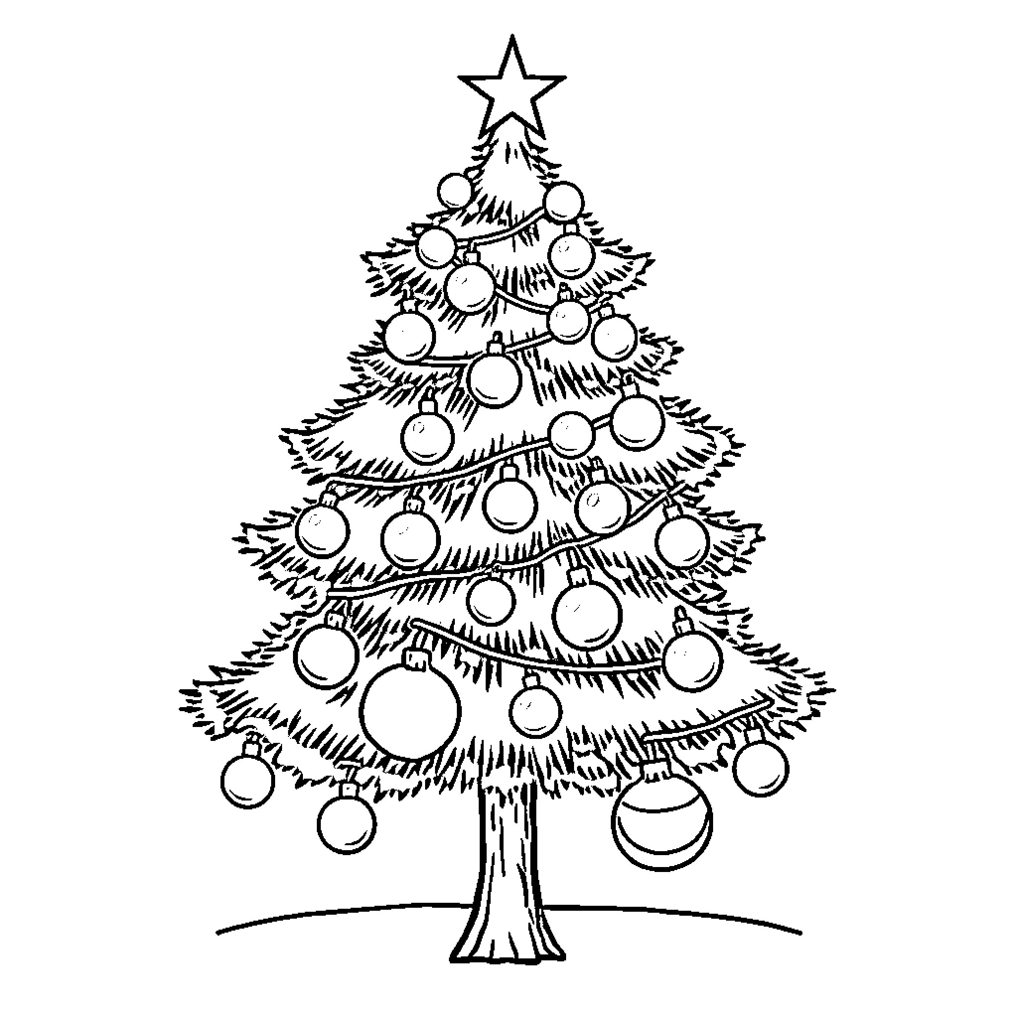 Christmas Tree Decorated with Ornaments Coloring Page (free black-and-white line drawing printable PDF for all, from beginners to advanced learners, including children, teens, adults, and seniors)
