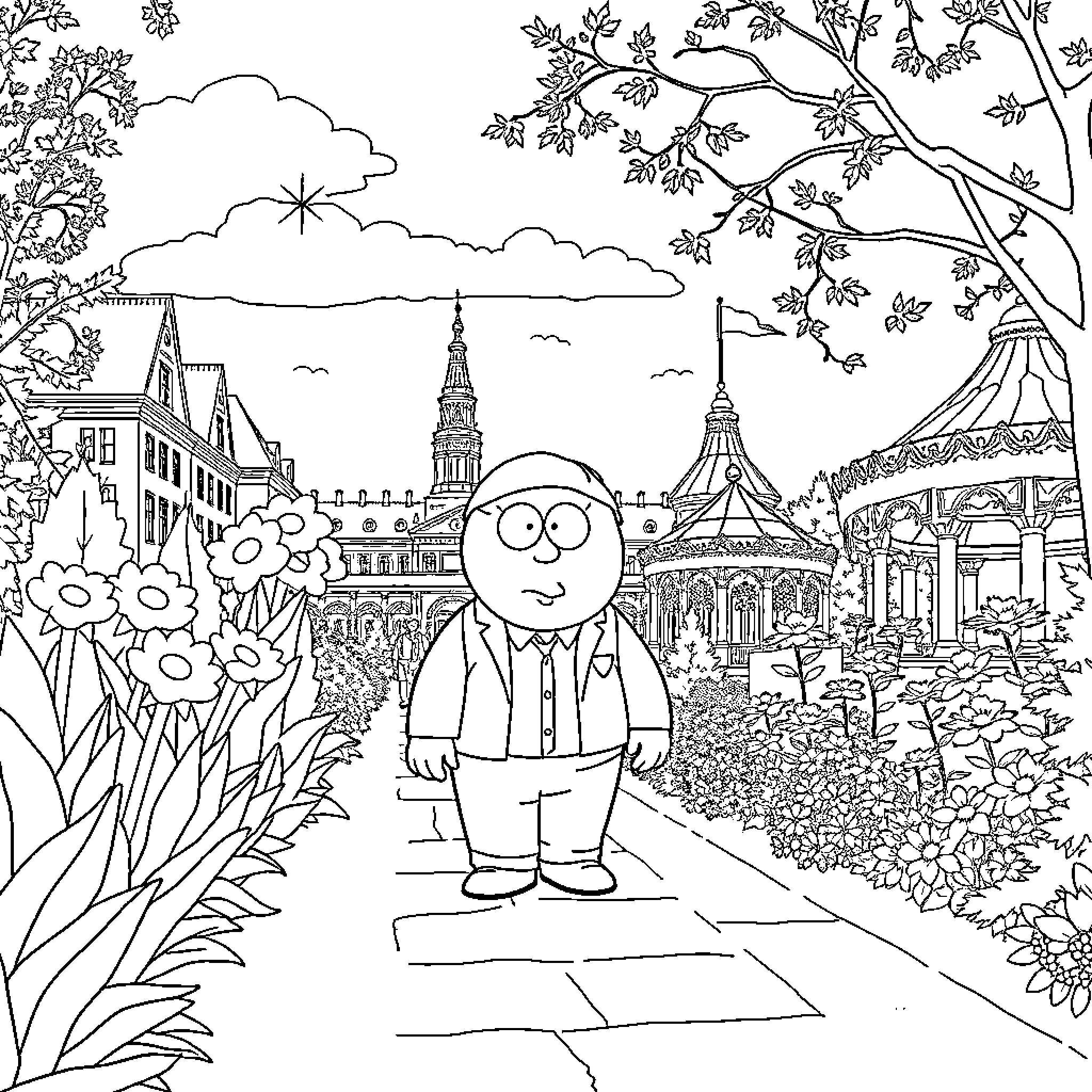 Cartman explores the vibrant city landscape Coloring Page (free black-and-white line drawing printable PDF for all, from beginners to advanced learners, including children, teens, adults, and seniors)