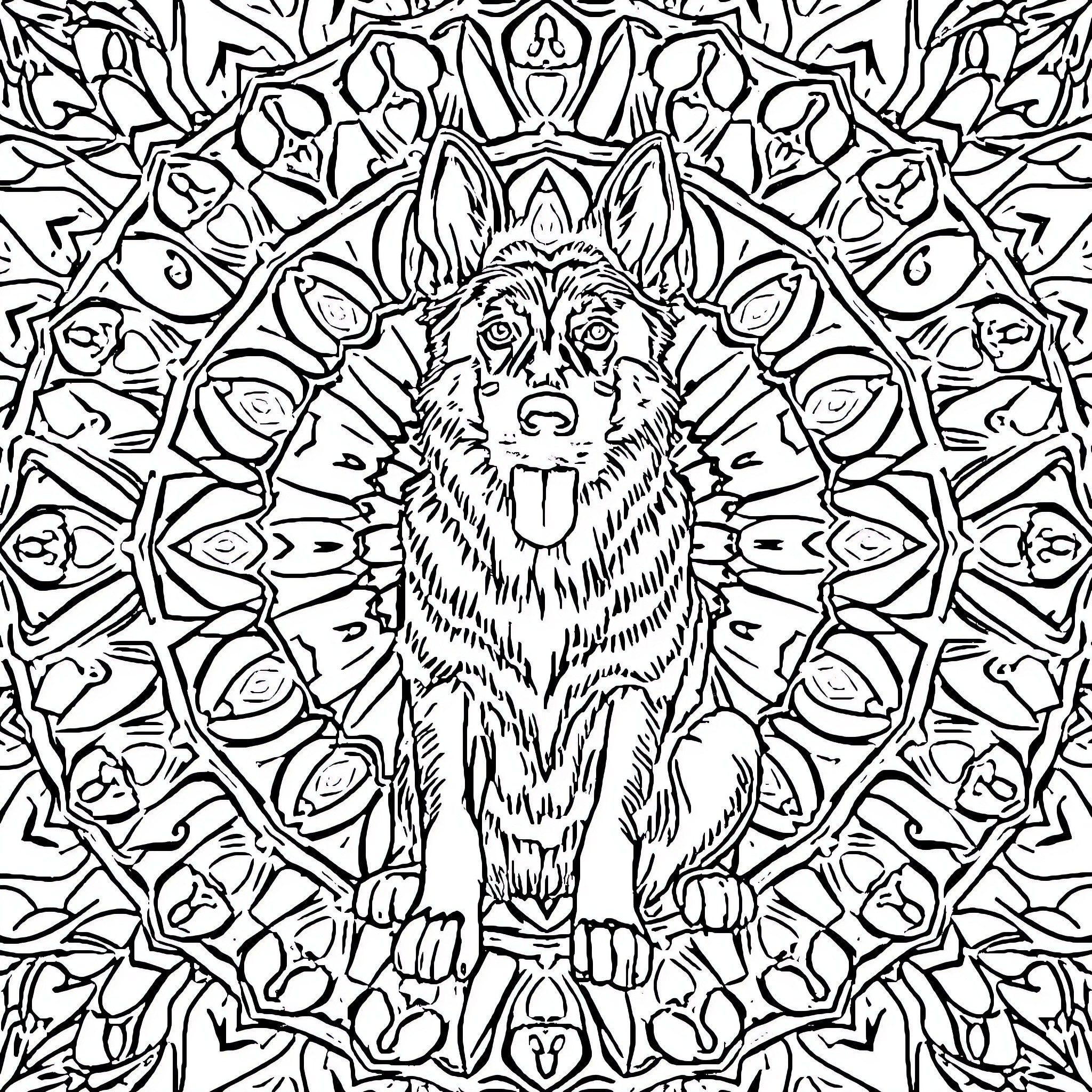 German Shepherd depicted in intricate mandala pattern Coloring Page (free black-and-white line drawing printable PDF for all, from beginners to advanced learners, including children, teens, adults, and seniors)