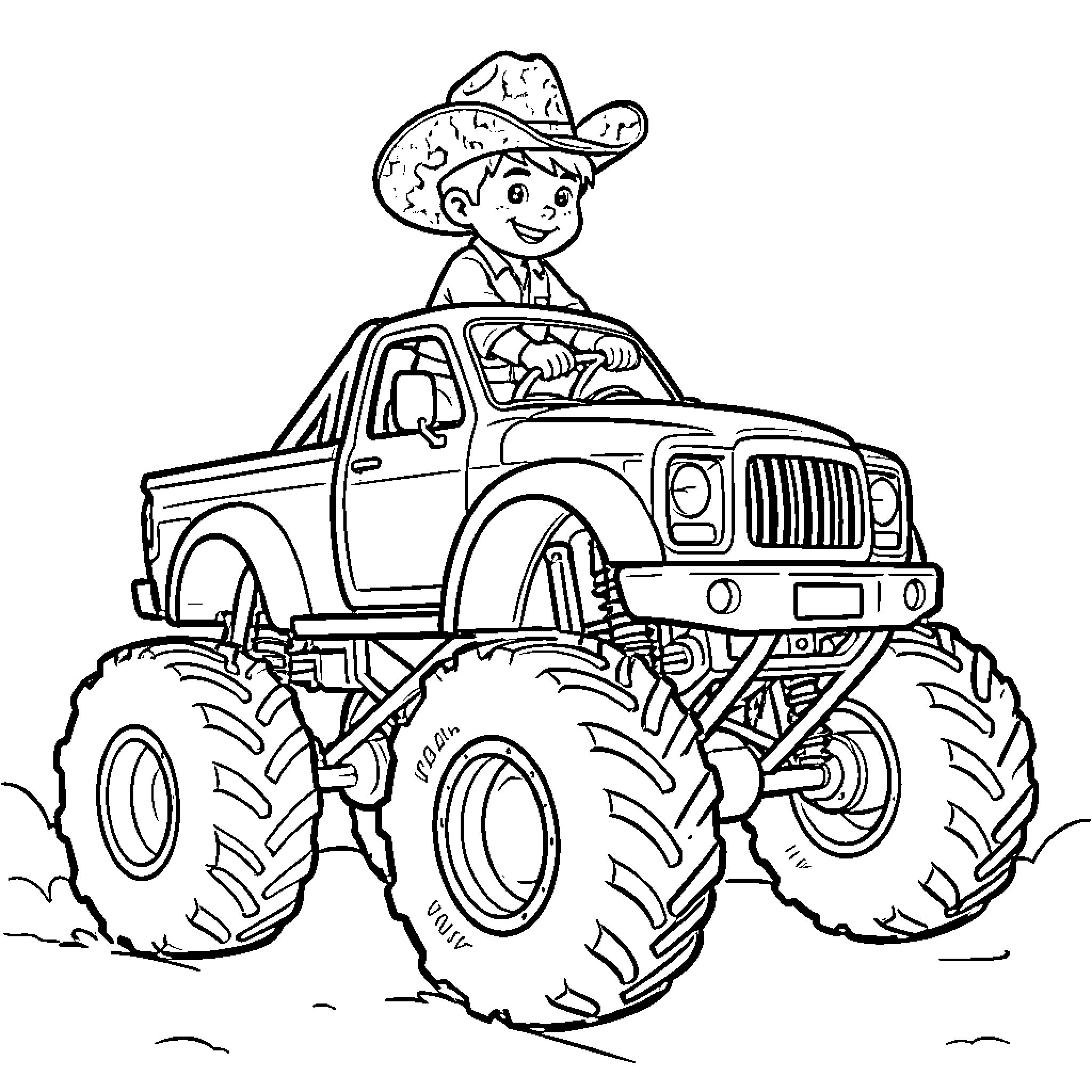 Boy driving a monster truck happily Coloring Page (free black-and-white line drawing printable PDF for all, from beginners to advanced learners, including children, teens, adults, and seniors)