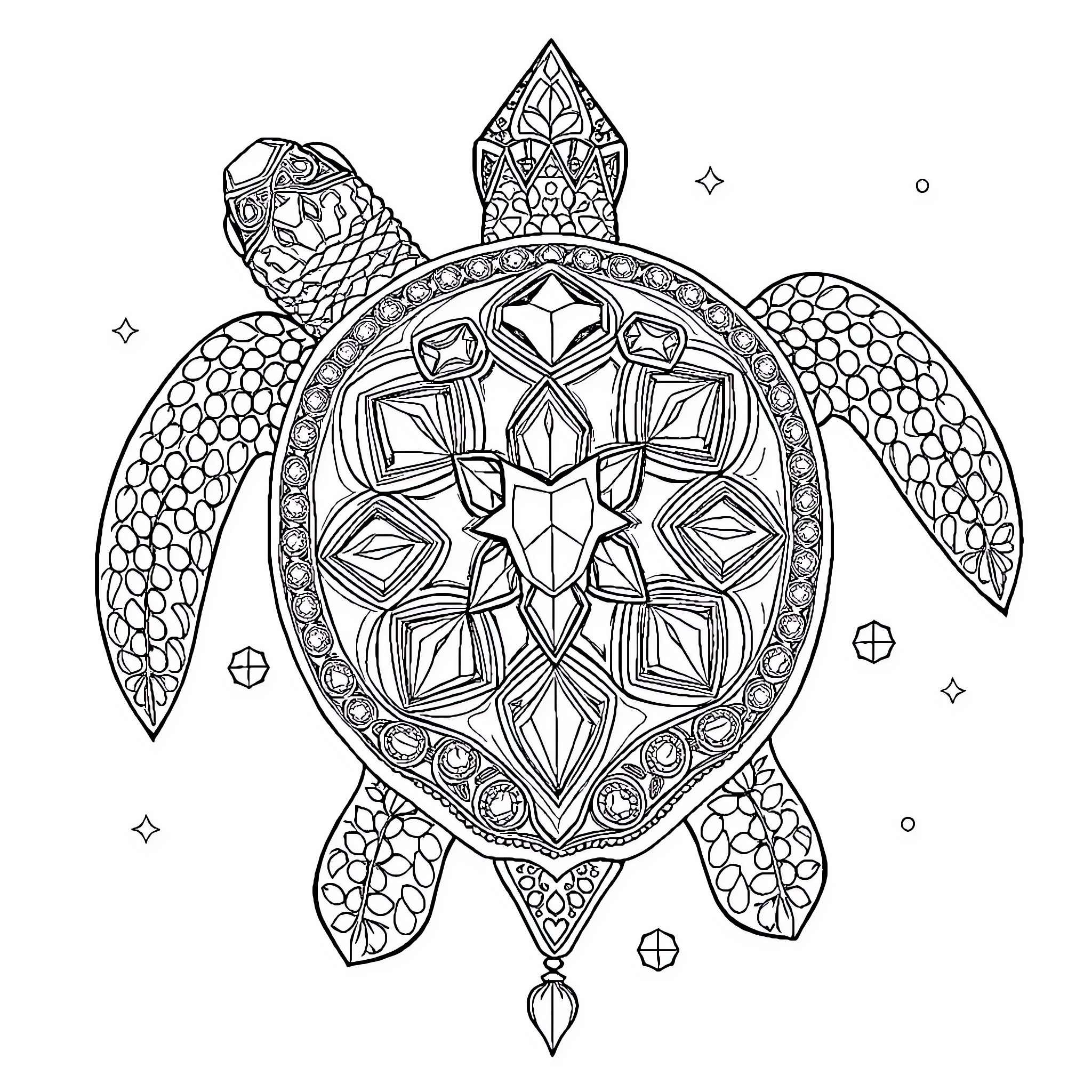 Turtle with intricate geometric design Coloring Page (free black-and-white line drawing printable PDF for all, from beginners to advanced learners, including children, teens, adults, and seniors)