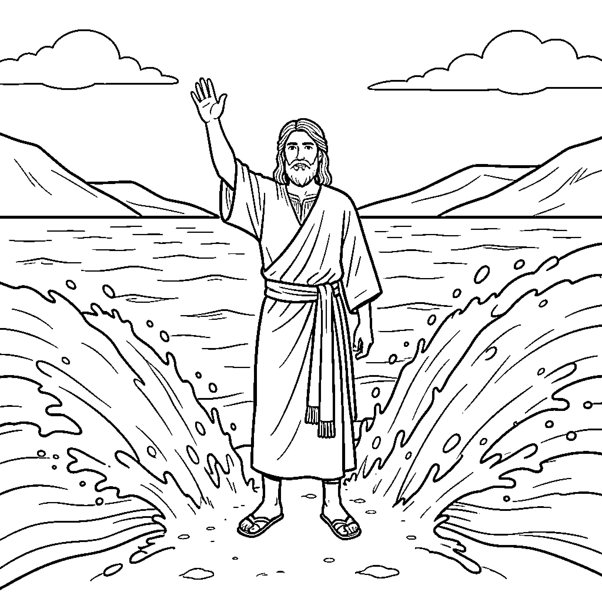 Moses parting the Red Sea with outstretched arms Coloring Page (free black-and-white line drawing printable PDF for all, from beginners to advanced learners, including children, teens, adults, and seniors)