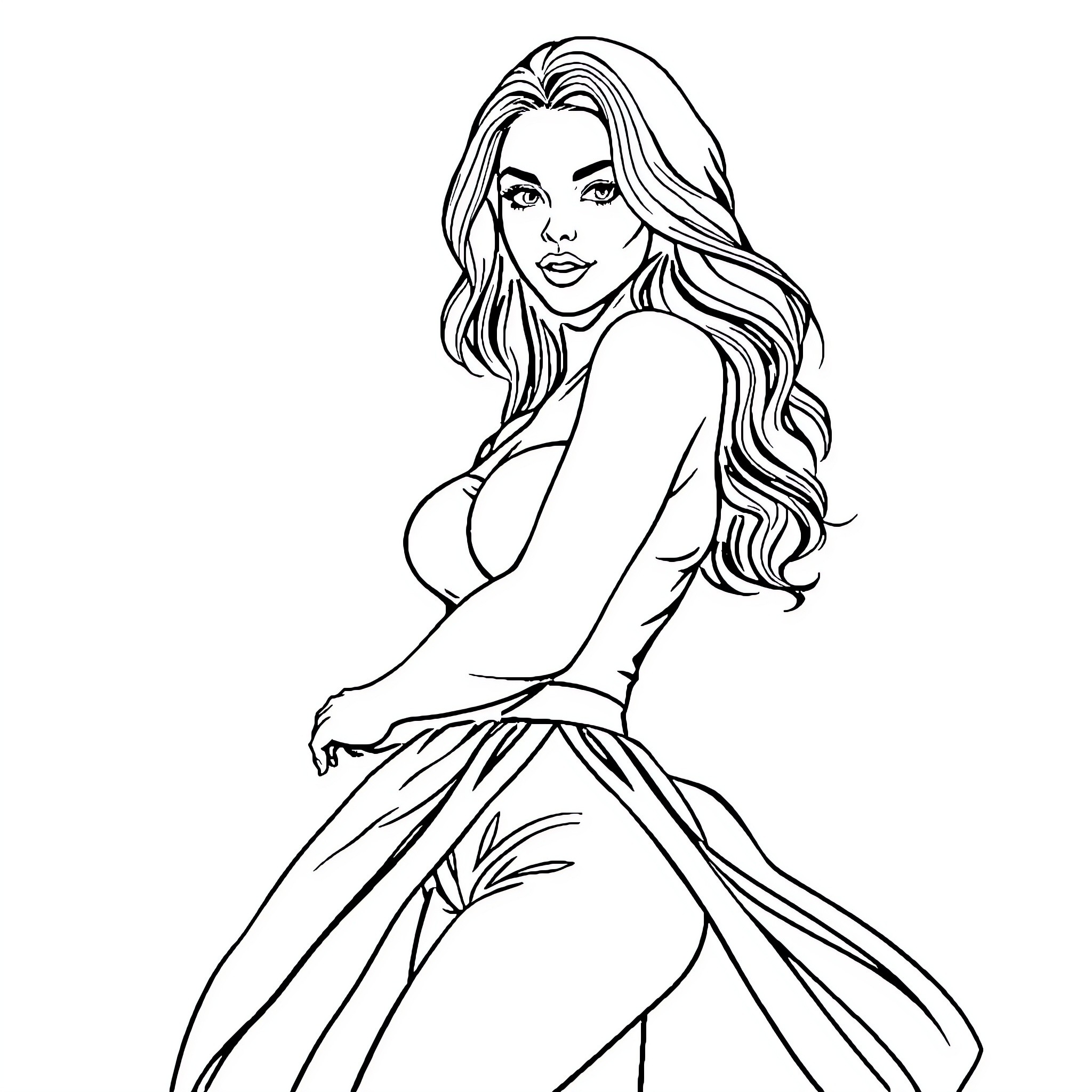 Girl in flowing dress with long wavy hair Coloring Page (free black-and-white line drawing printable PDF for all, from beginners to advanced learners, including children, teens, adults, and seniors)