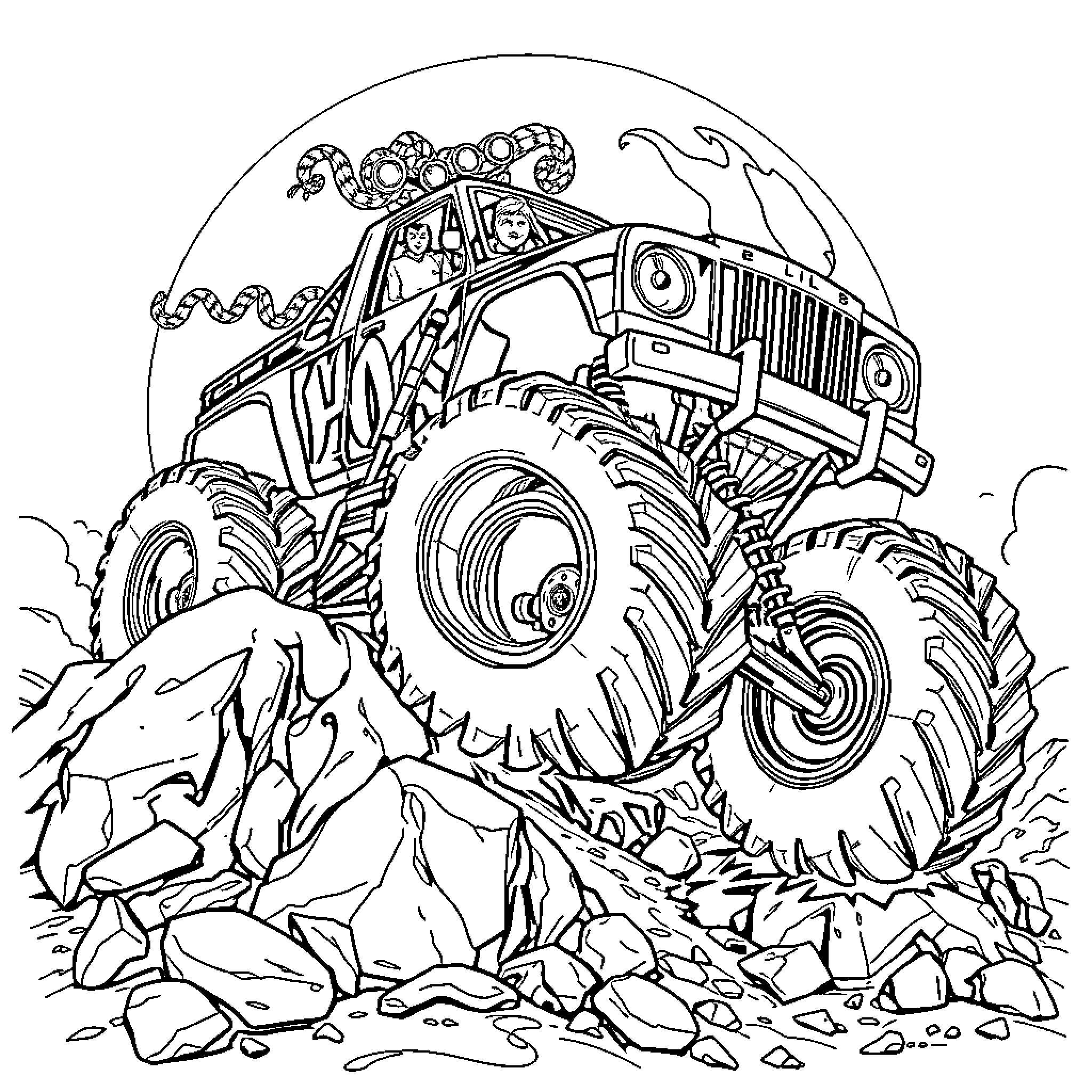 Black Widow Monster Truck Crushing Rocks Coloring Page (free black-and-white line drawing printable PDF for all, from beginners to advanced learners, including children, teens, adults, and seniors)