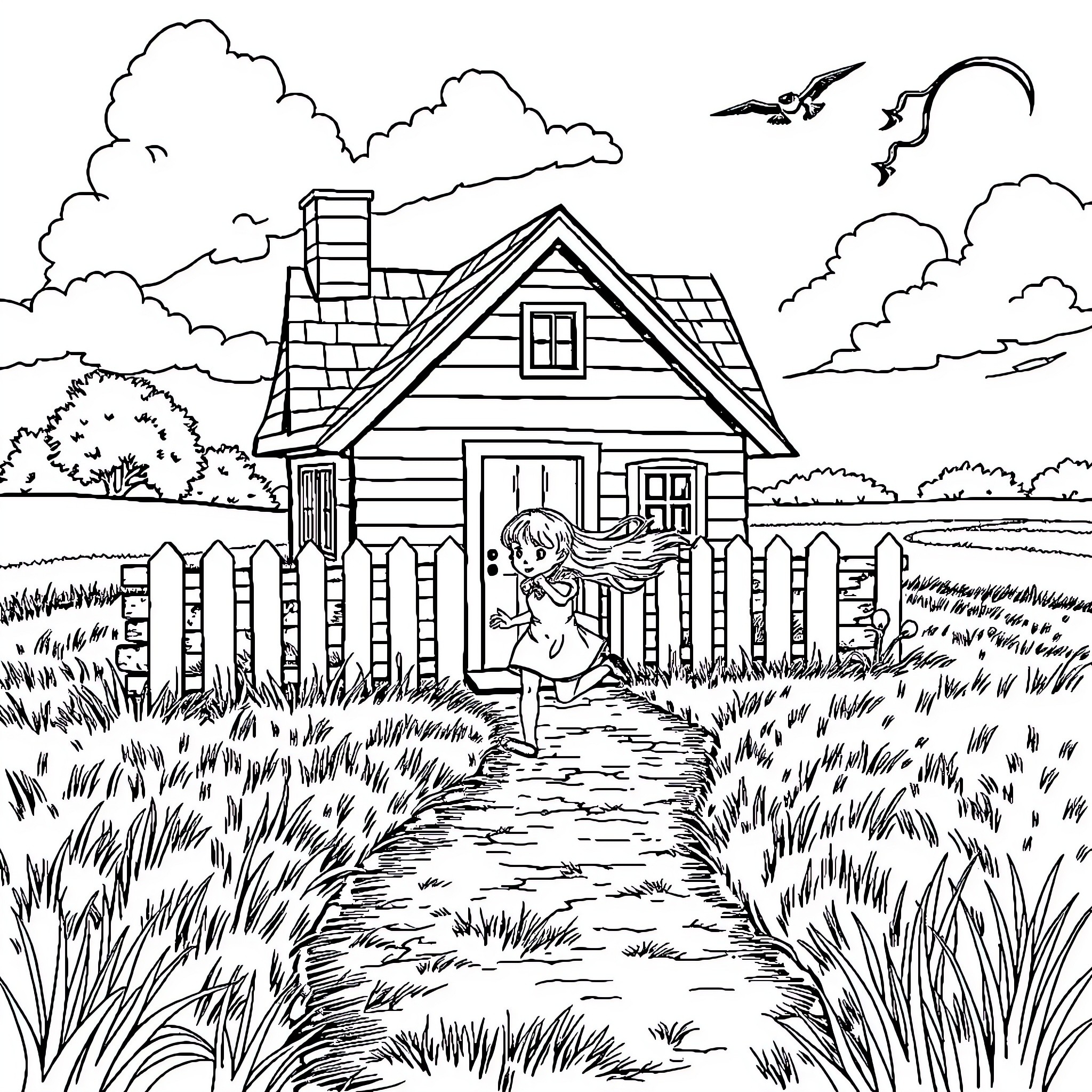 House with Girl Walking on Path in Grassy Field Coloring Page (free black-and-white line drawing printable PDF for all, from beginners to advanced learners, including children, teens, adults, and seniors)