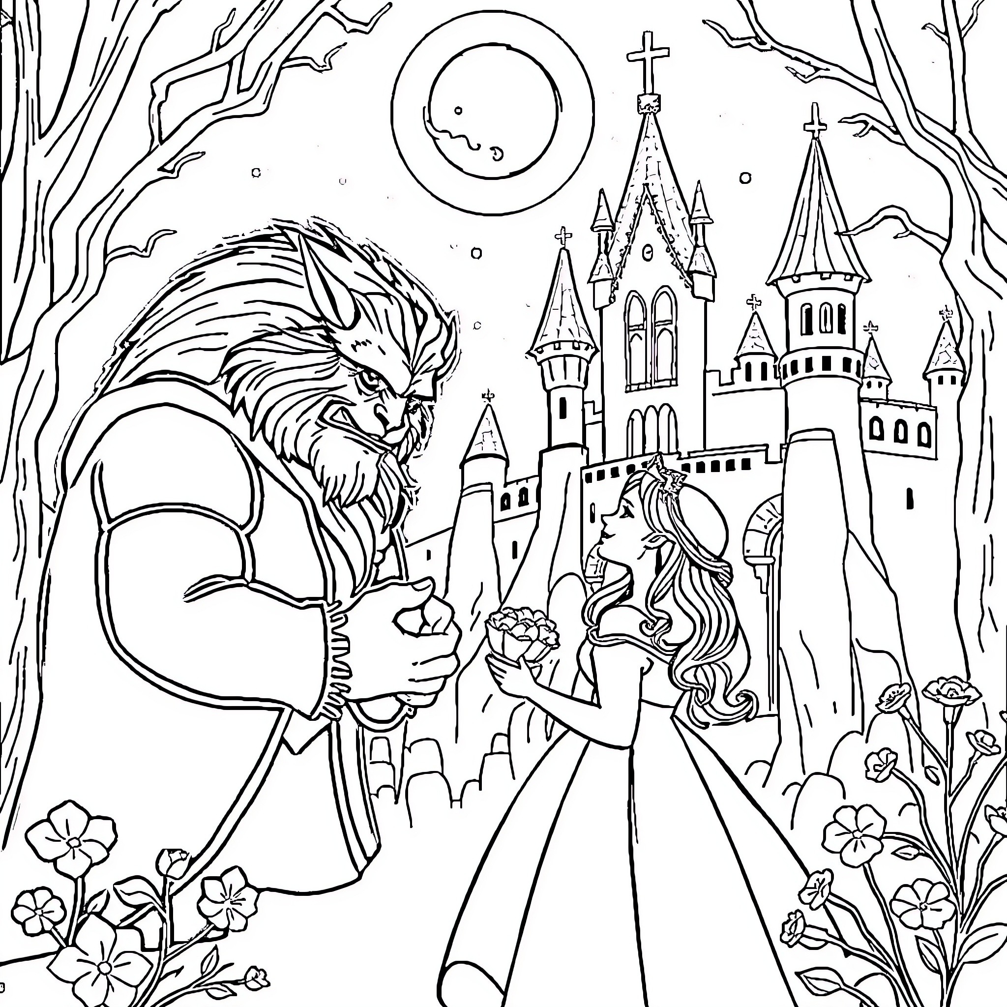 Beauty And The Beast Encounter At Enchanted Castle Coloring Page (free black-and-white line drawing printable PDF for all, from beginners to advanced learners, including children, teens, adults, and seniors)