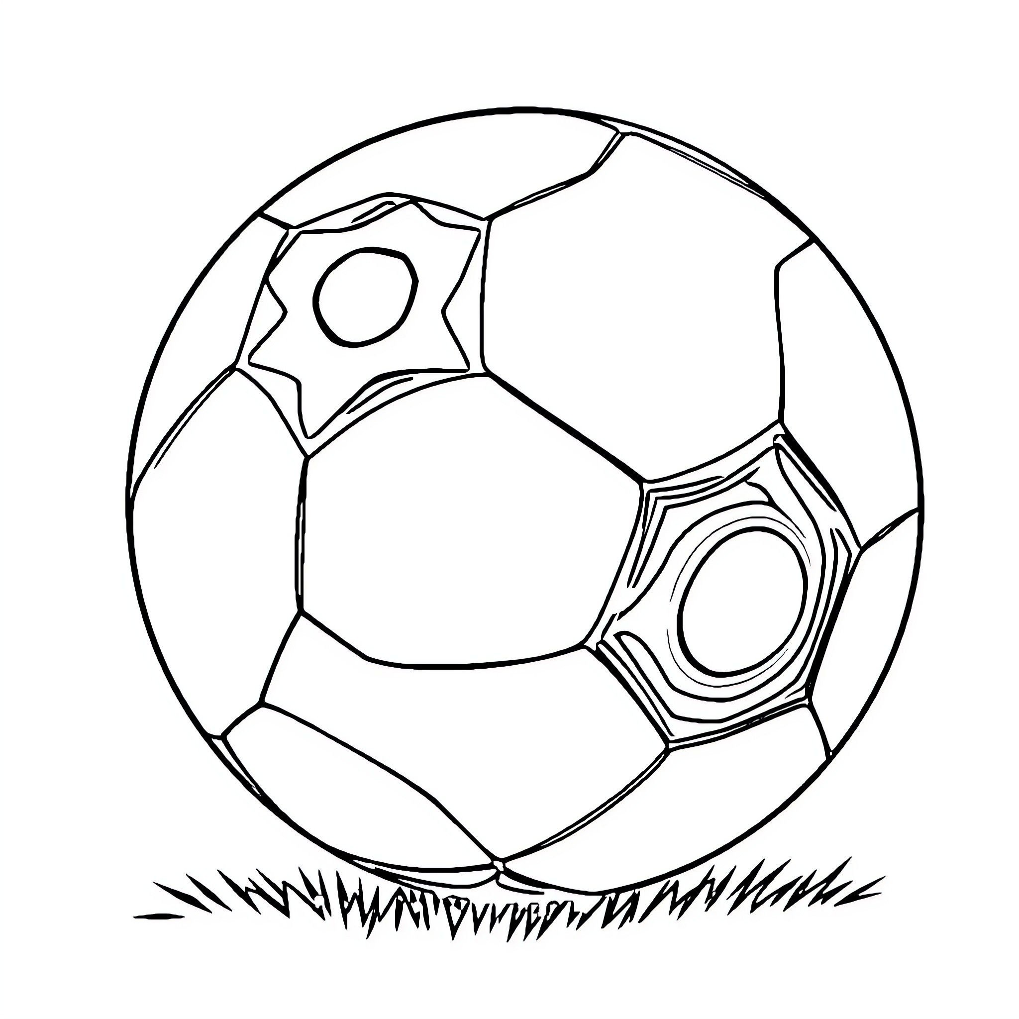 Soccer Ball on Grassy Field Coloring Page (free black-and-white line drawing printable PDF for all, from beginners to advanced learners, including children, teens, adults, and seniors)