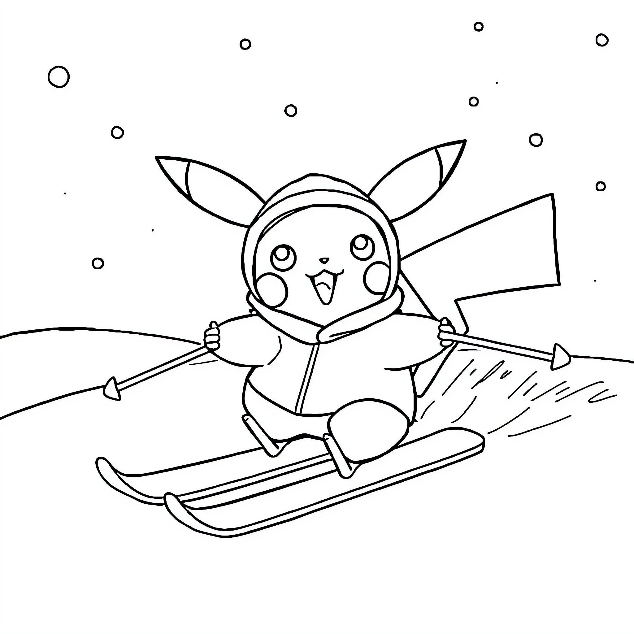 Pikachu skiing happily on the slopes Coloring Page (free black-and-white line drawing printable PDF for all, from beginners to advanced learners, including children, teens, adults, and seniors)