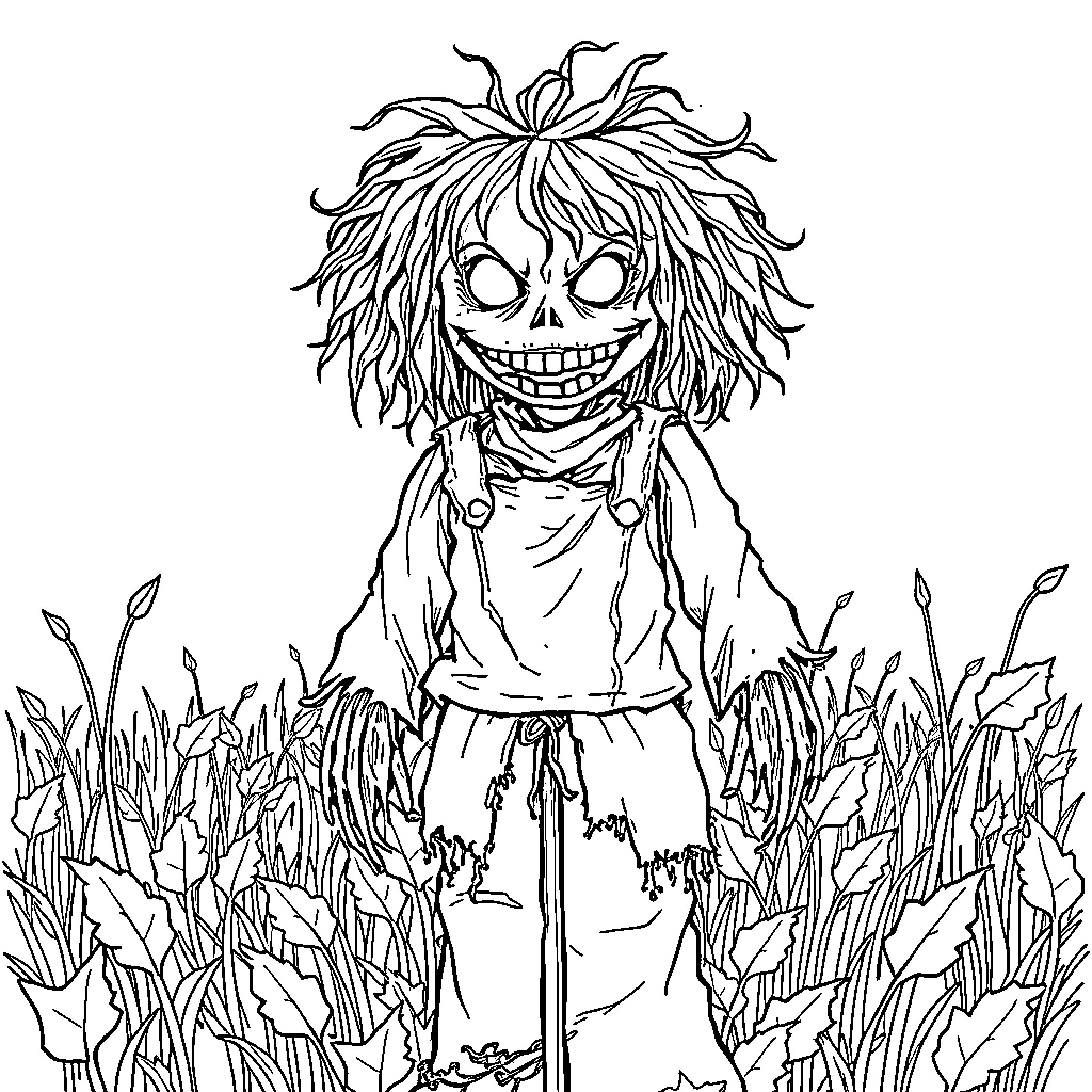 Scarecrow with a menacing grin in a field Coloring Page (free black-and-white line drawing printable PDF for all, from beginners to advanced learners, including children, teens, adults, and seniors)