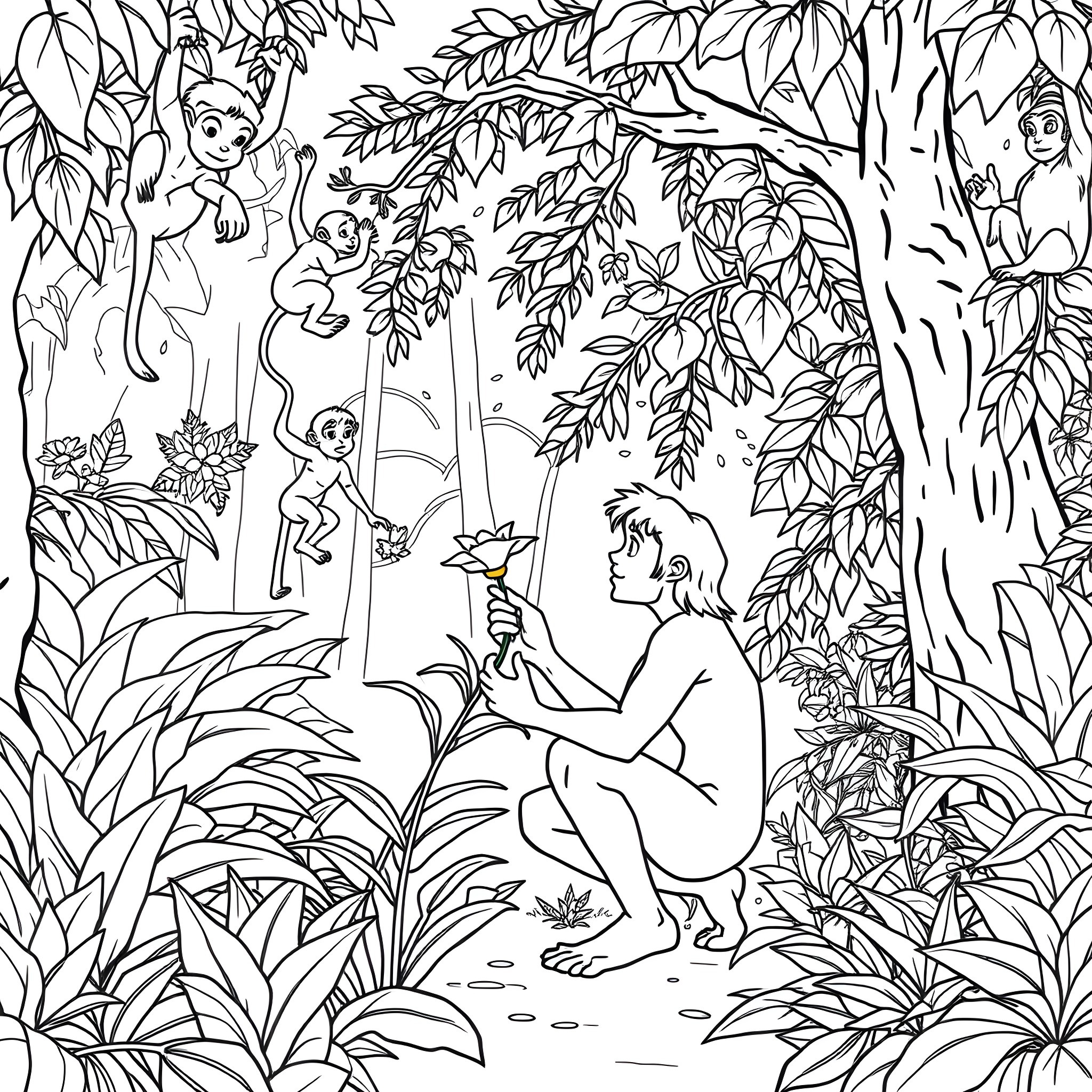 Tarzan and the Jungle Adventure Coloring Page (free black-and-white line drawing printable PDF for all, from beginners to advanced learners, including children, teens, adults, and seniors)