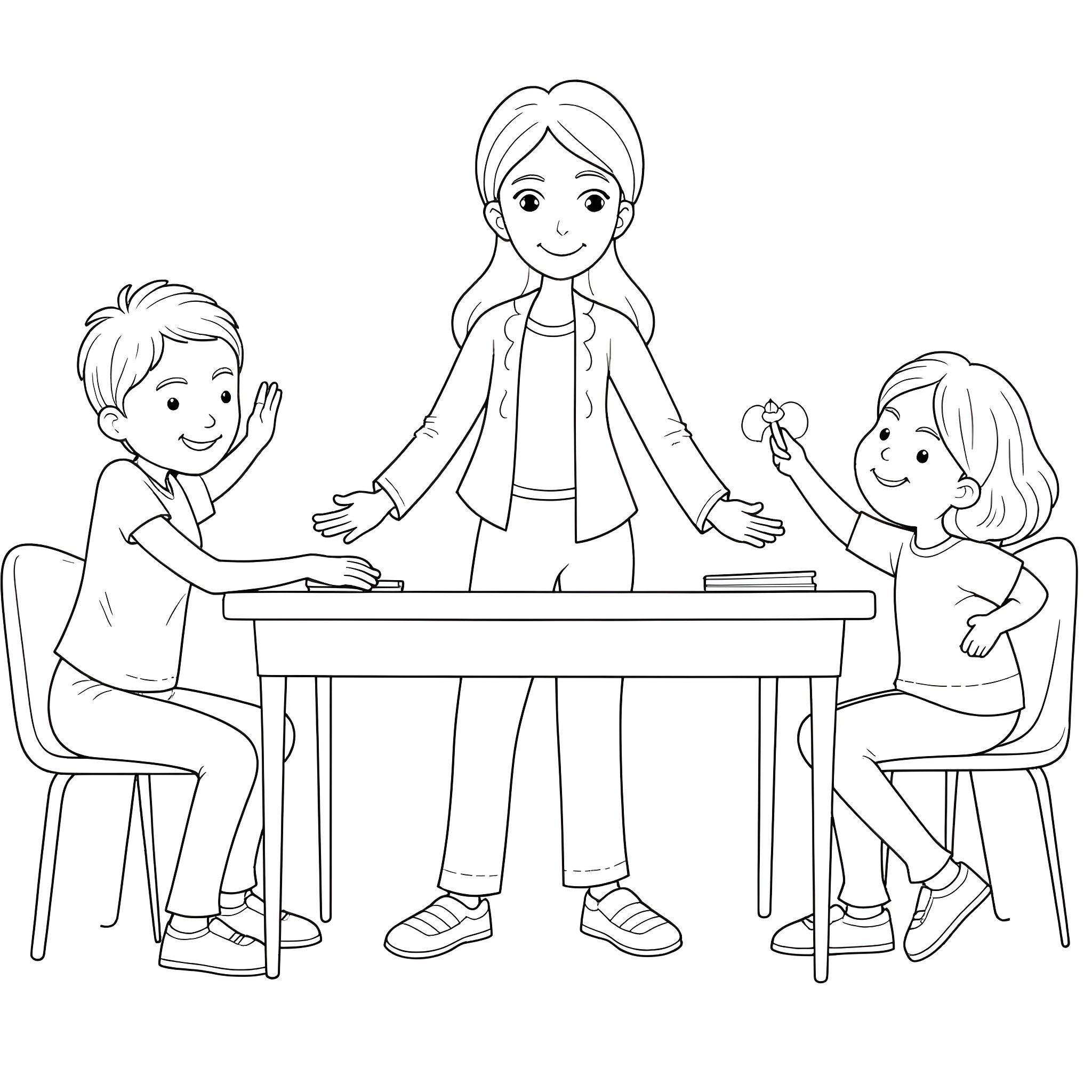 Teacher helping students at the desk Coloring Page (free black-and-white line drawing printable PDF for all, from beginners to advanced learners, including children, teens, adults, and seniors)