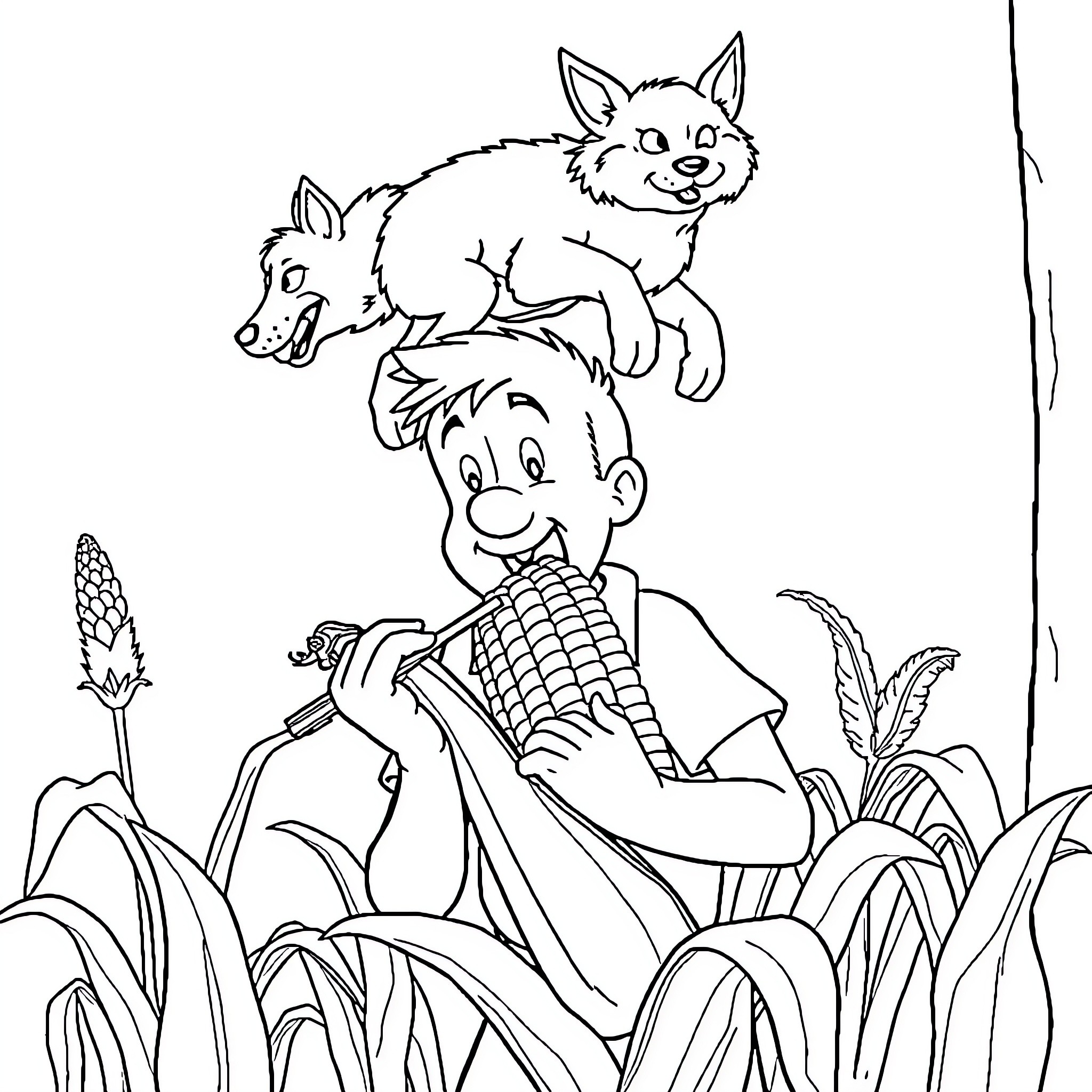 Tintin and his canine companion in a rural setting Coloring Page (free black-and-white line drawing printable PDF for all, from beginners to advanced learners, including children, teens, adults, and seniors)