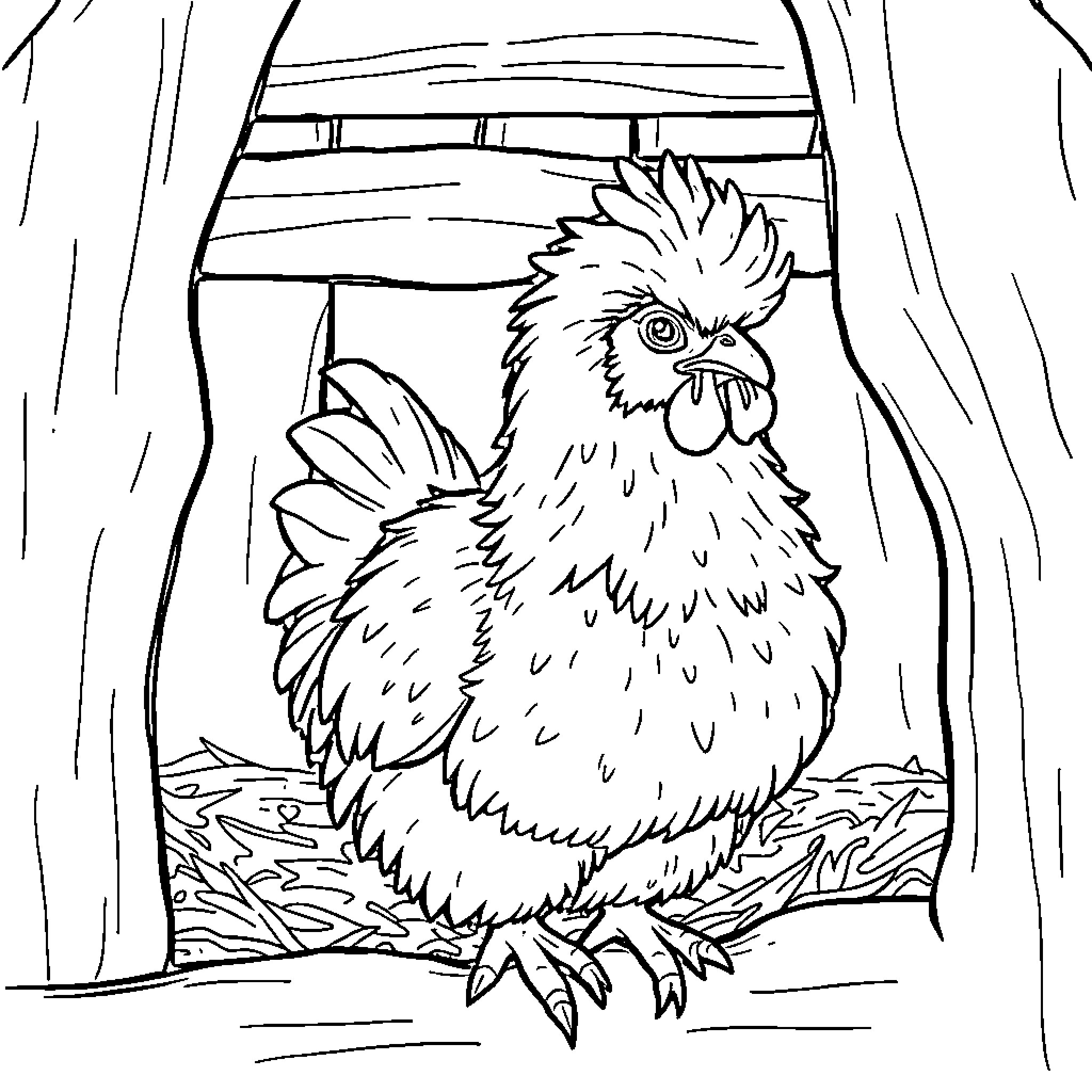 Silkie Chicken sitting on a nest Coloring Page (free black-and-white line drawing printable PDF for all, from beginners to advanced learners, including children, teens, adults, and seniors)