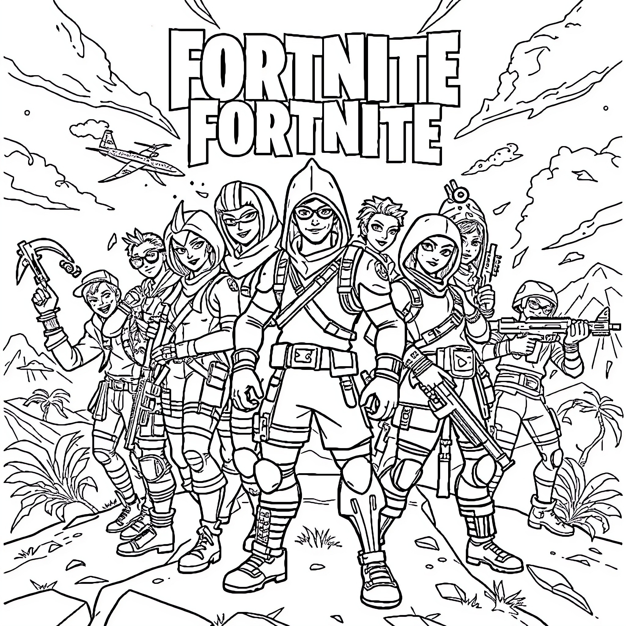 Fortnite Characters in Action Packed Scene Coloring Page (free black-and-white line drawing printable PDF for all, from beginners to advanced learners, including children, teens, adults, and seniors)