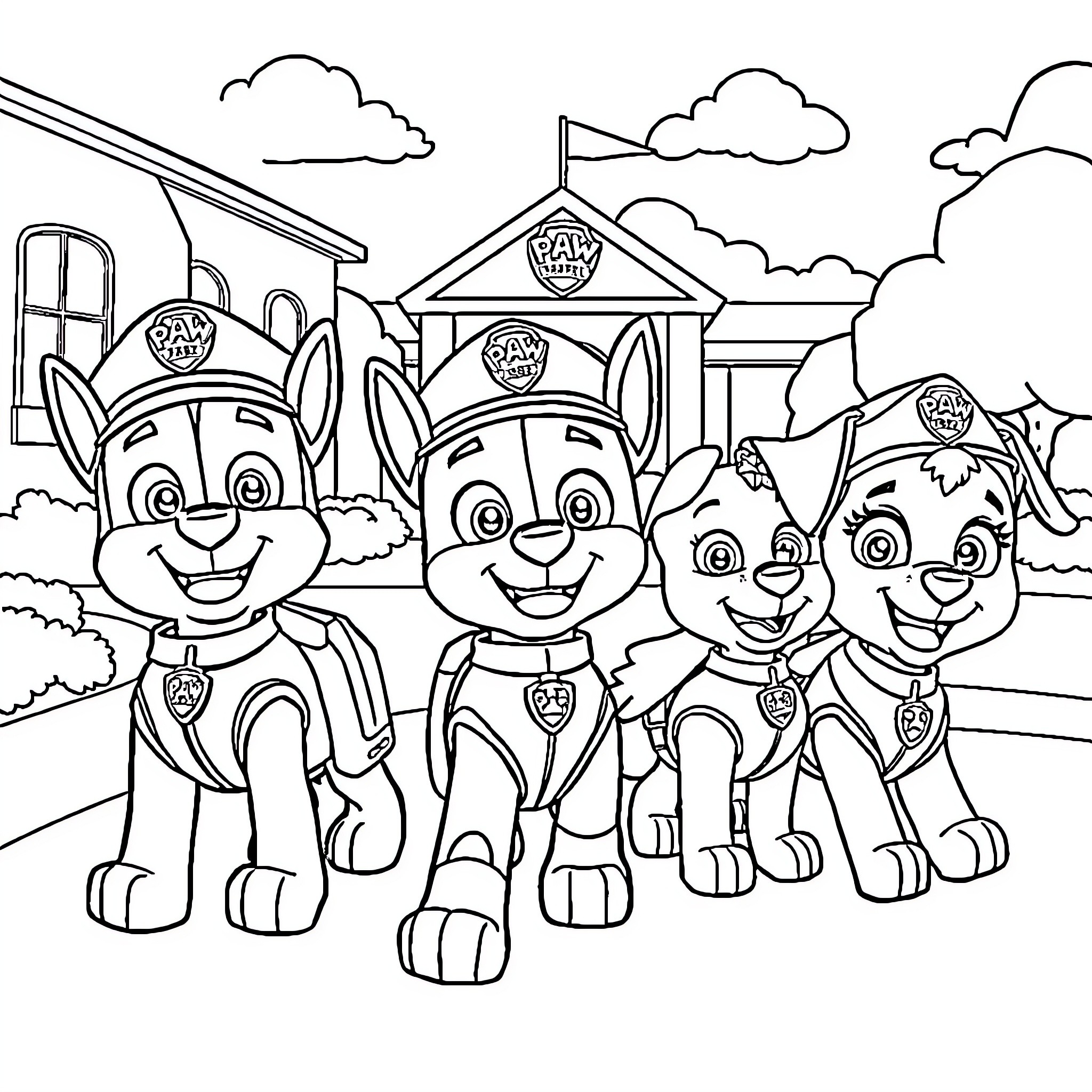 Paw Patrol Puppies in Front of Headquarters Coloring Page (free black-and-white line drawing printable PDF for all, from beginners to advanced learners, including children, teens, adults, and seniors)