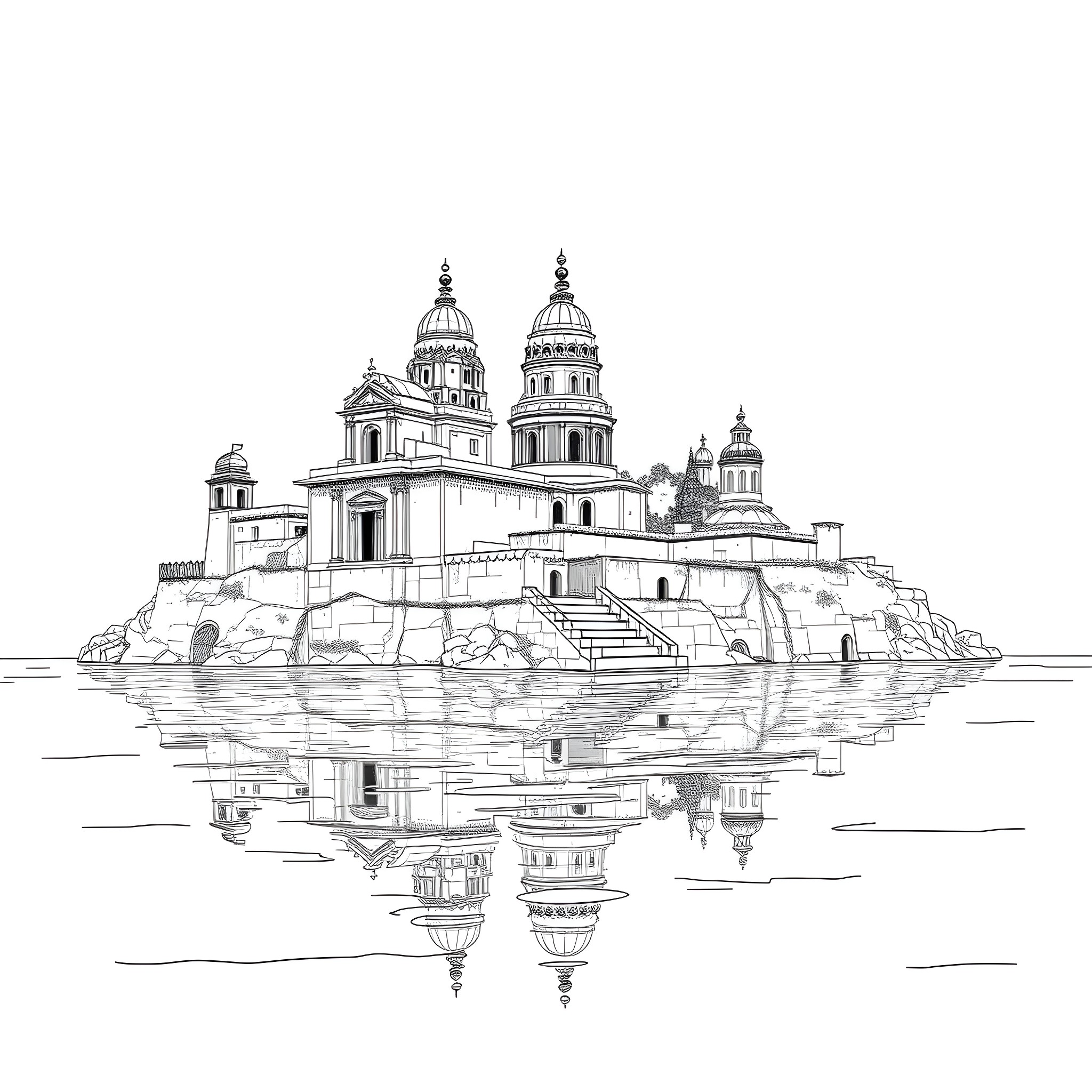 City with grand domes and towers reflecting in water Coloring Page (free black-and-white line drawing printable PDF for all, from beginners to advanced learners, including children, teens, adults, and seniors)
