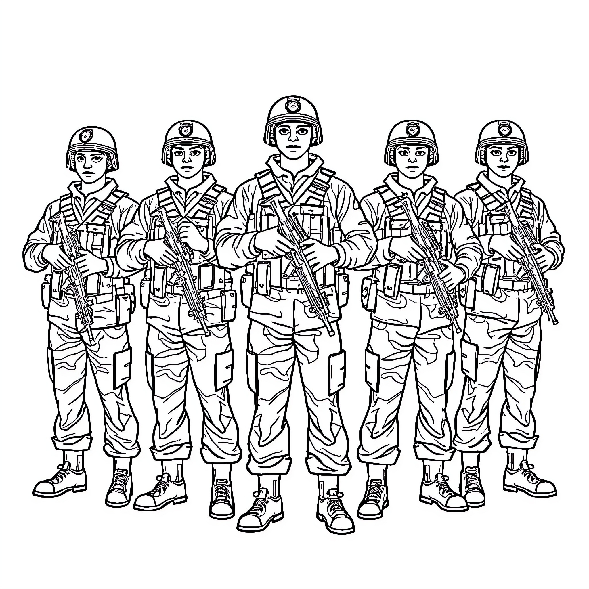Soldier squad standing in formation with weapons Coloring Page (free black-and-white line drawing printable PDF for all, from beginners to advanced learners, including children, teens, adults, and seniors)