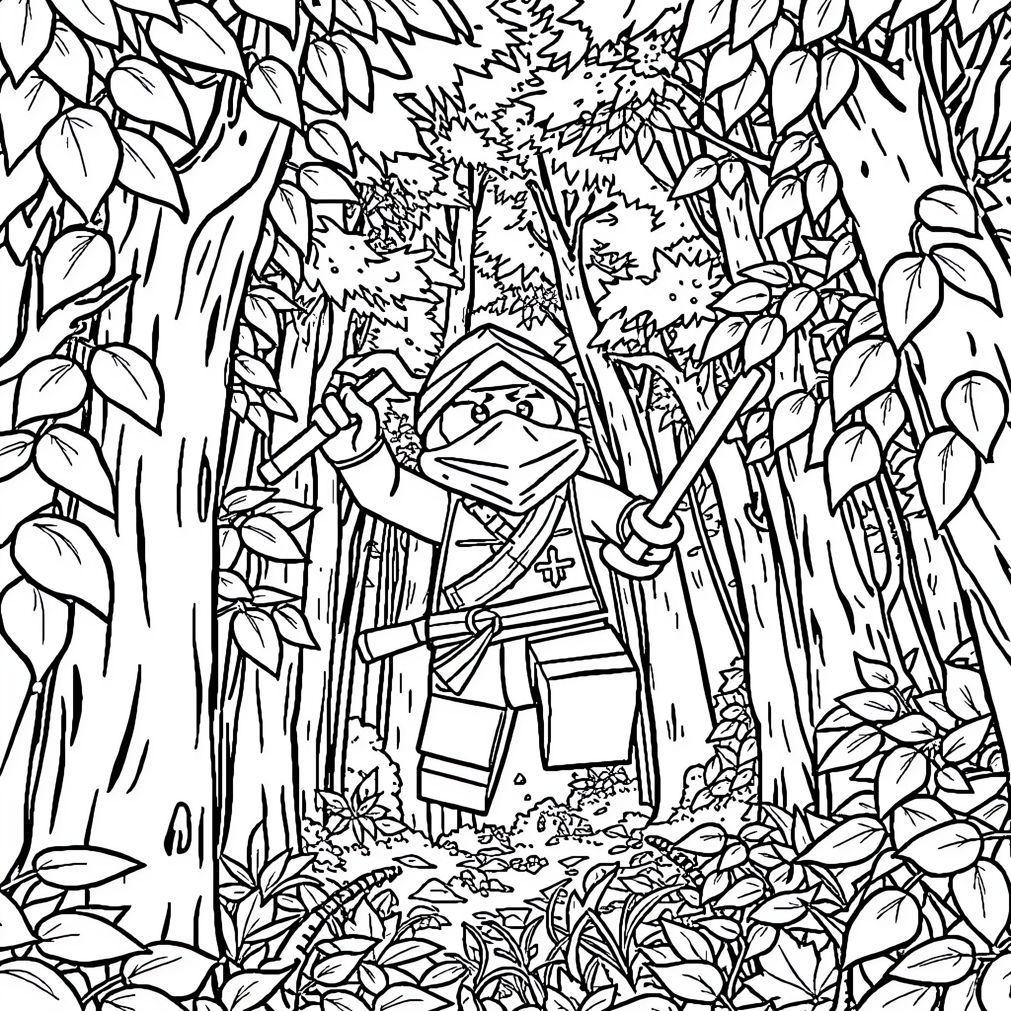 Ninjago warrior exploring the dense forest Coloring Page (free black-and-white line drawing printable PDF for all, from beginners to advanced learners, including children, teens, adults, and seniors)