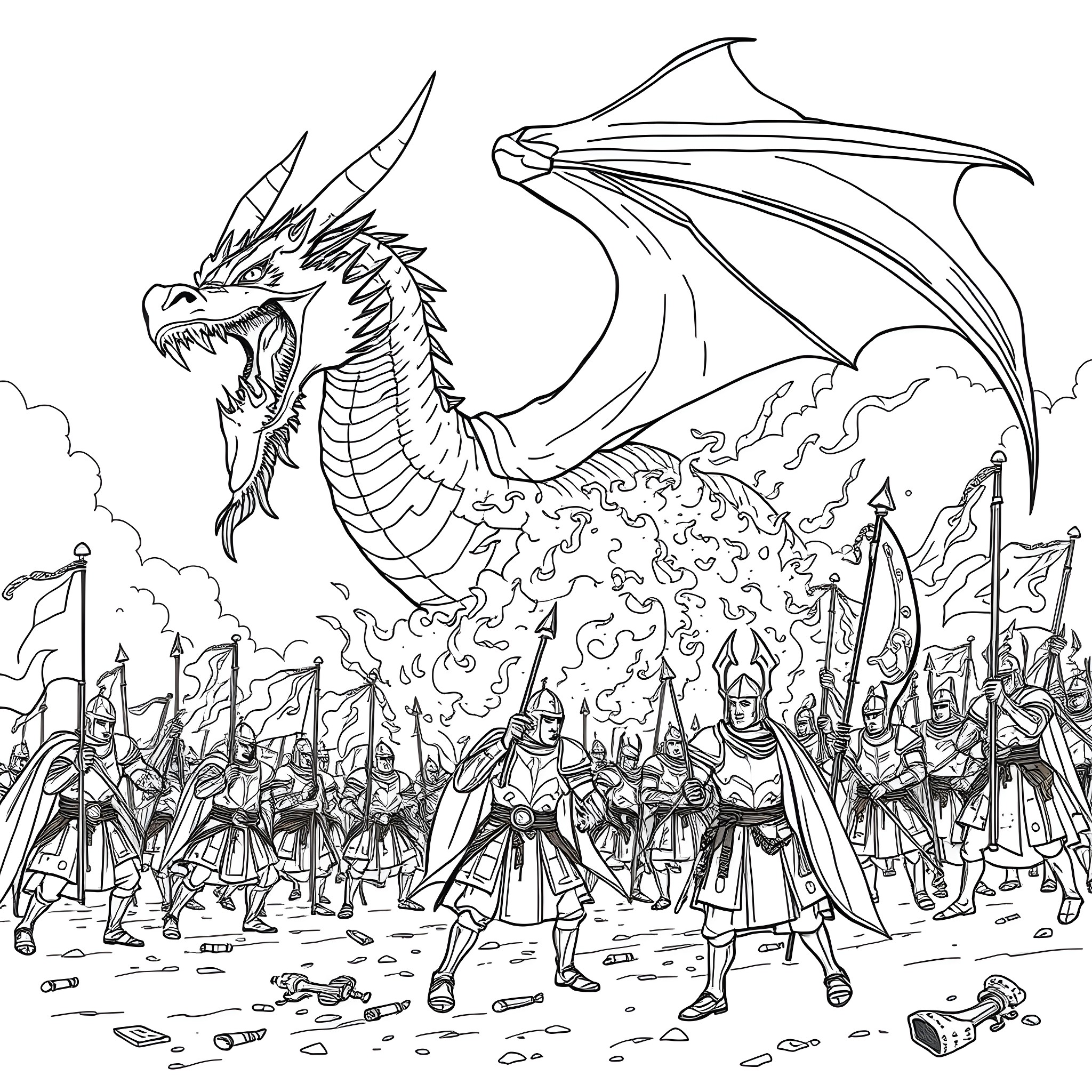 Dragon leading a fierce army into battle Coloring Page (free black-and-white line drawing printable PDF for all, from beginners to advanced learners, including children, teens, adults, and seniors)