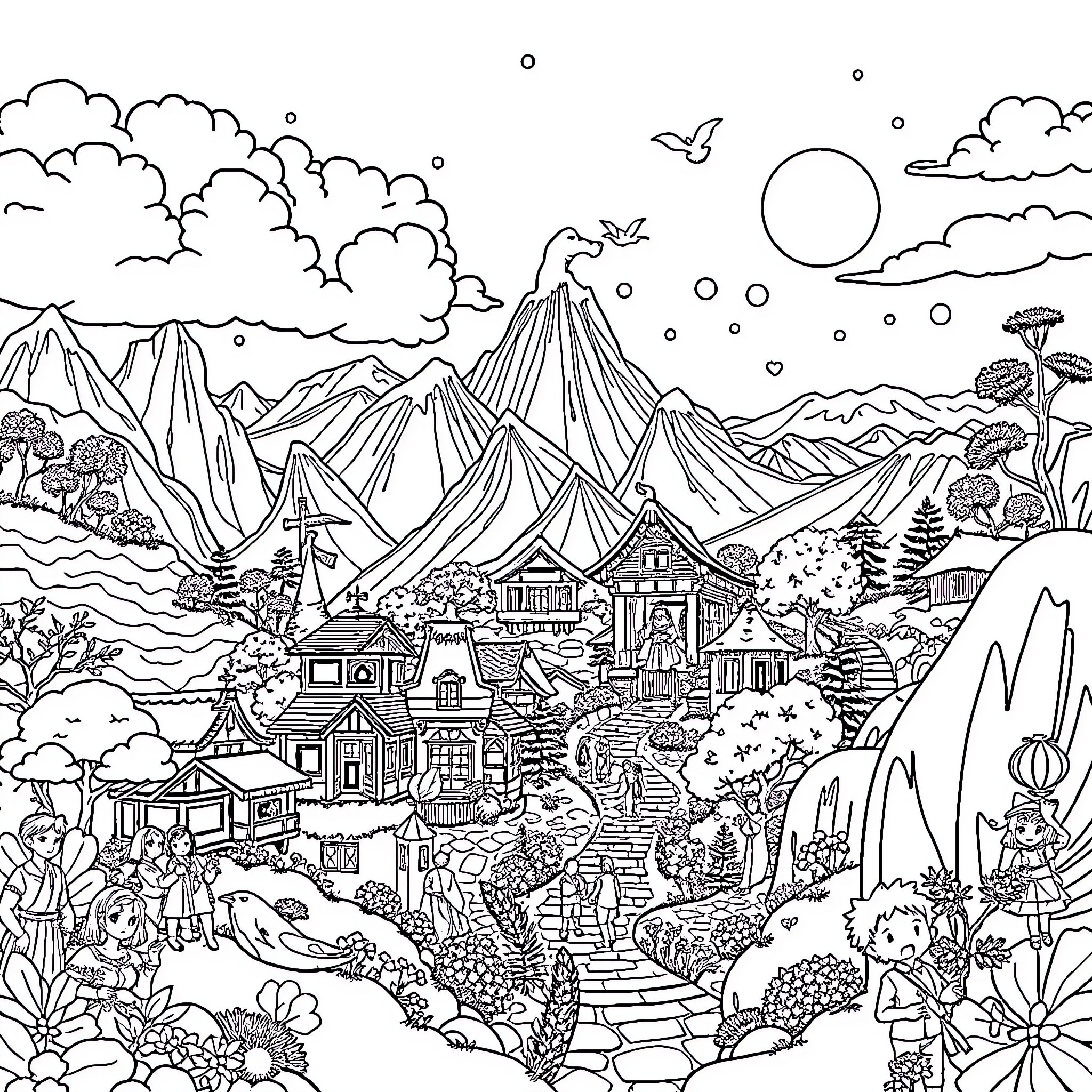 Ghibli-inspired Enchanting Landscape with Whimsical Structures Coloring Page (free black-and-white line drawing printable PDF for all, from beginners to advanced learners, including children, teens, adults, and seniors)