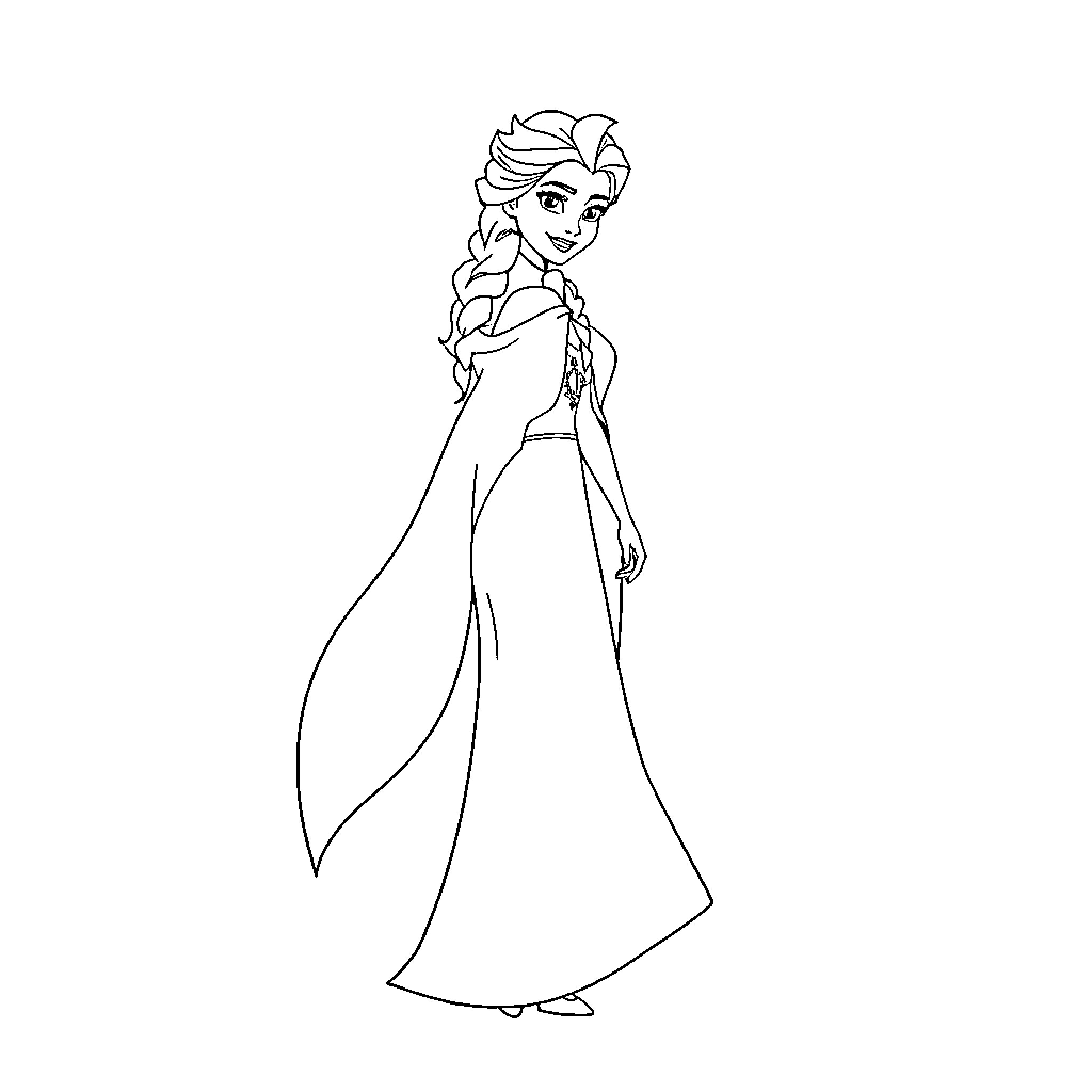 Queen Elsa in elegant dress and flowing cape Coloring Page (free black-and-white line drawing printable PDF for all, from beginners to advanced learners, including children, teens, adults, and seniors)