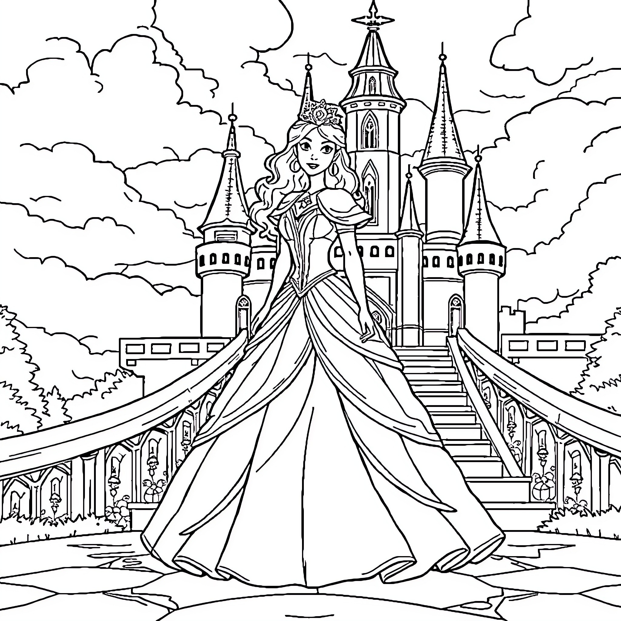 Princess posing regally in front of a majestic castle Coloring Page (free black-and-white line drawing printable PDF for all, from beginners to advanced learners, including children, teens, adults, and seniors)
