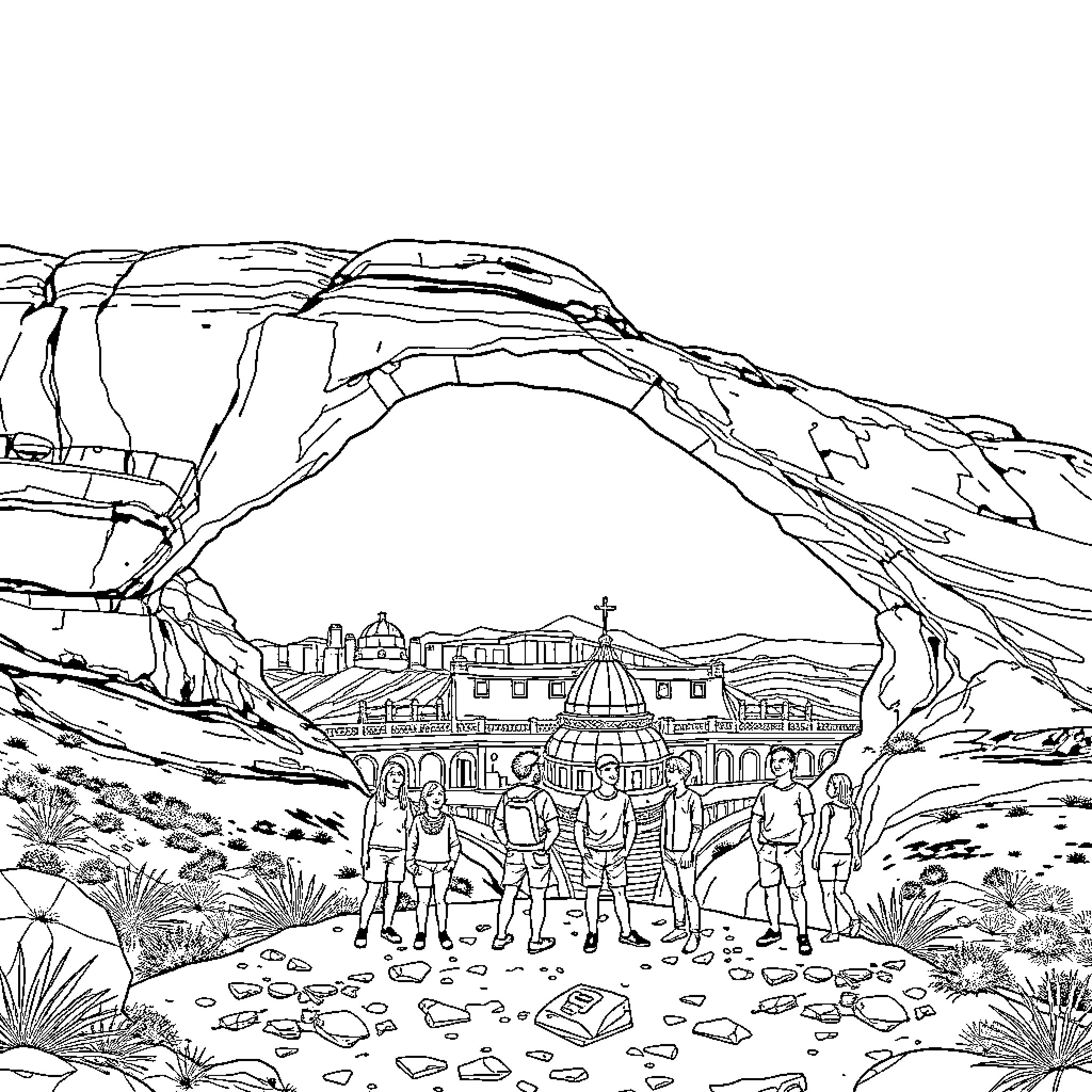 Rainbow Bridge Journey Through Majestic Arches Coloring Page (free black-and-white line drawing printable PDF for all, from beginners to advanced learners, including children, teens, adults, and seniors)