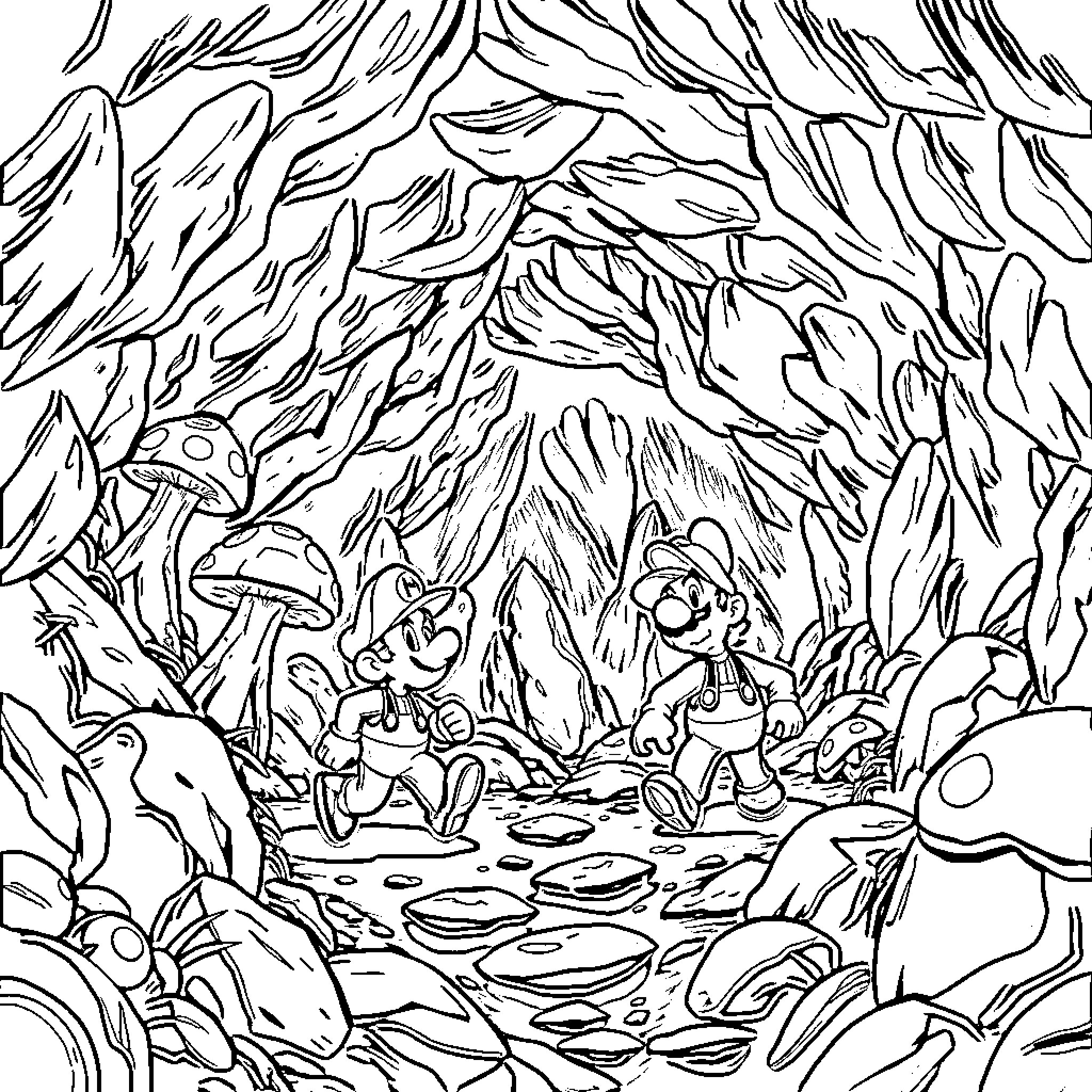 Mario Explores the Enchanted Forest Coloring Page (free black-and-white line drawing printable PDF for all, from beginners to advanced learners, including children, teens, adults, and seniors)