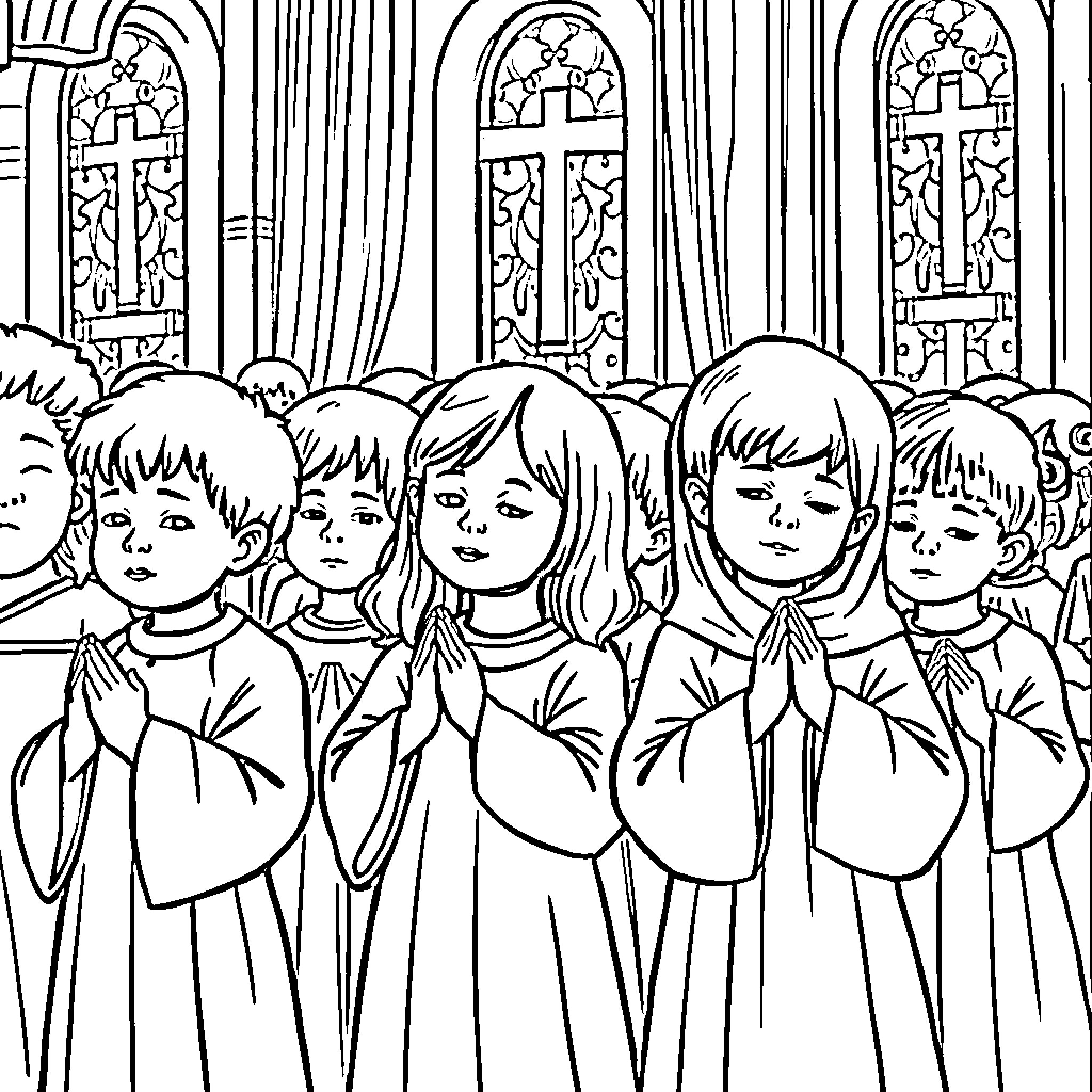 Children praying in church Coloring Page (free black-and-white line drawing printable PDF for all, from beginners to advanced learners, including children, teens, adults, and seniors)